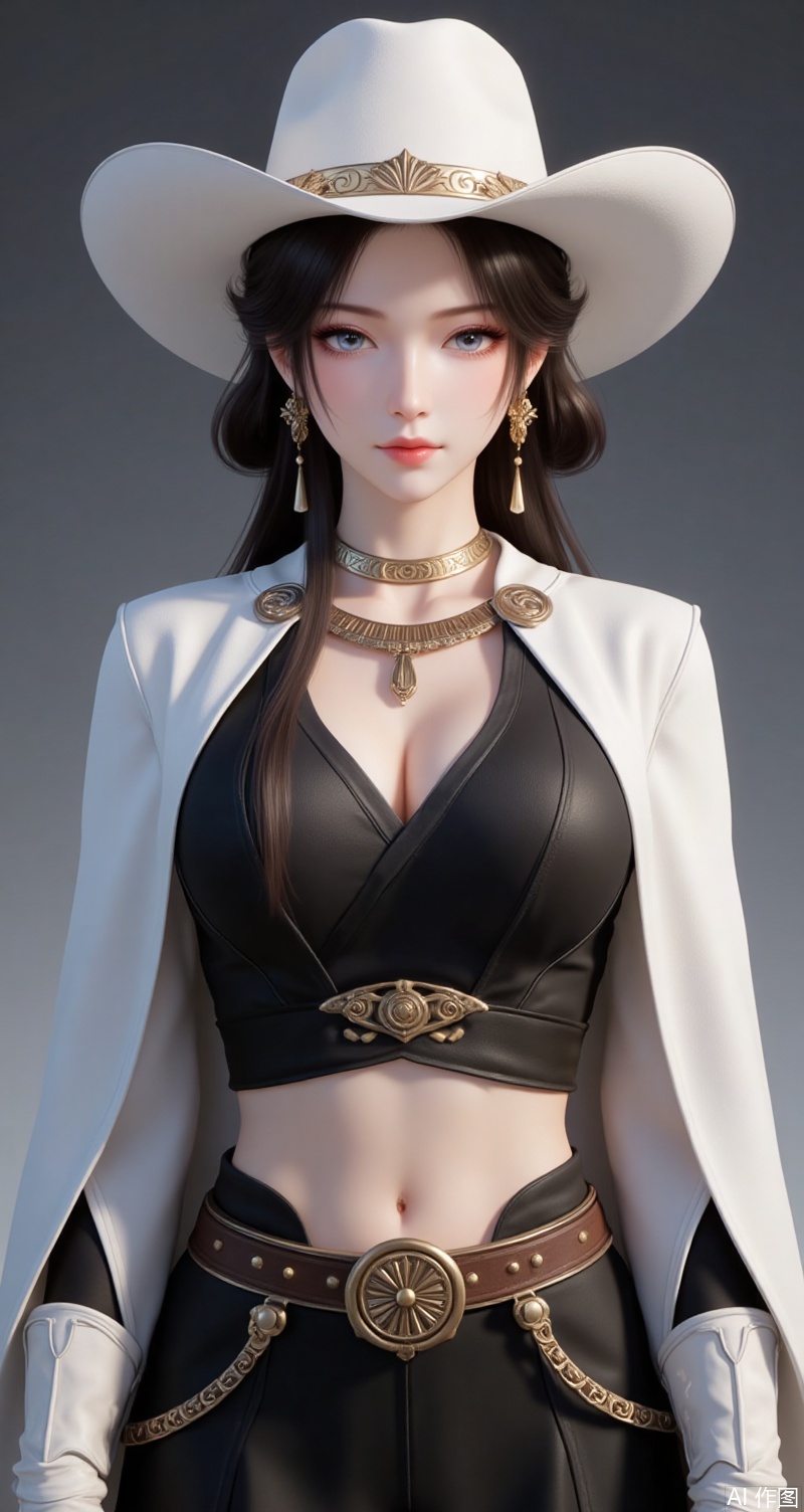 meining,baoshi,lvjing,1girl,brown hair,jewelry,hair ornament,earrings,necklace,closed mouth,long hair,grey eyes,1girl,solo,cowboy hat,breasts,hat,midriff,skirt,miniskirt,boots,large breasts,crop top,coat,cleavage,navel,cowboy western,34,white hat,white cloak,black cut-off top,black_skirt,white boots,cover,simple background,gradient background,close-up details,outstanding style,adding a touch of dimension to your images without compromising details,close-up,