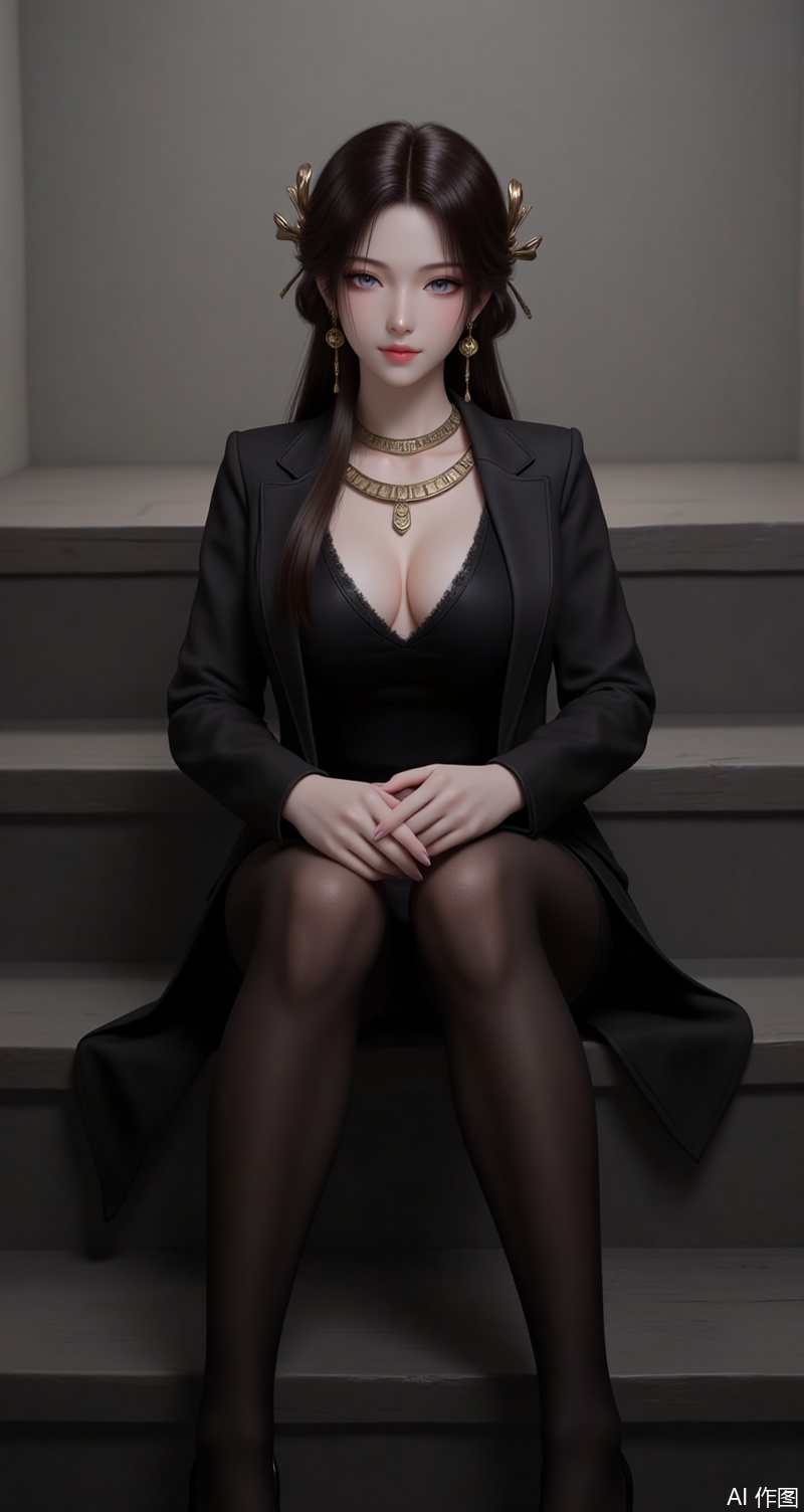 meining,baoshi,lvjing,1girl,brown hair,jewelry,hair ornament,earrings,necklace,closed mouth,long hair,grey eyes,1girl,breasts,stairs,solo,pantyhose,sitting,high heels,cleavage,jewelry,black footwear,jacket,earrings,large breasts,looking at viewer,black jacket,open jacket,dress,collarbone,open clothes,black dress,black pantyhose,knees together feet apart,forehead,sitting on stairs,long sleeves,lips,indoors,makeup,closed mouth,legs,simple background,gradient_background,Close-up details,outstanding style,adding a touch of dimension to your images without compromising details,close-up,