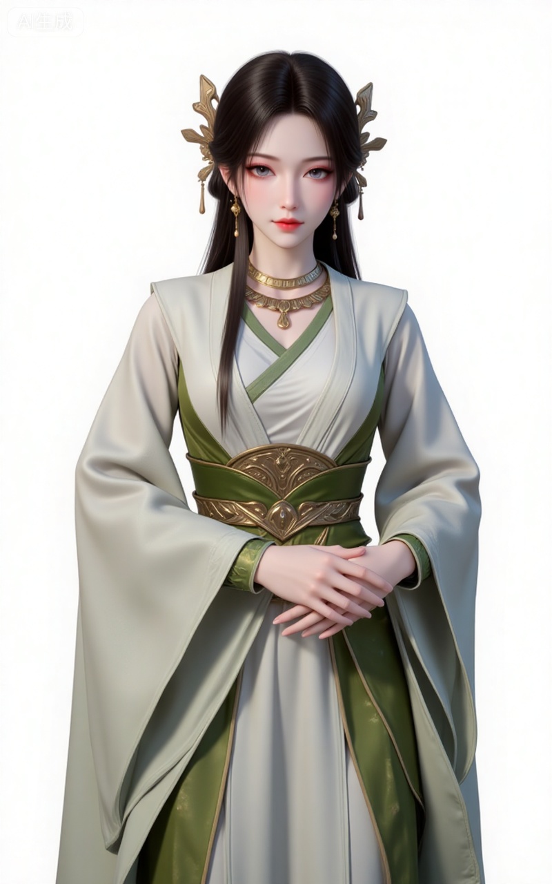 meining,1girl,solo,jewelry,earrings,looking at viewer,upper body,necklace,hair ornament,long hair,brown hair,closed mouth,black hair,realistic,hanfu,dress,chinese clothes,white_background,simple_background,pifu,guanghuapifu