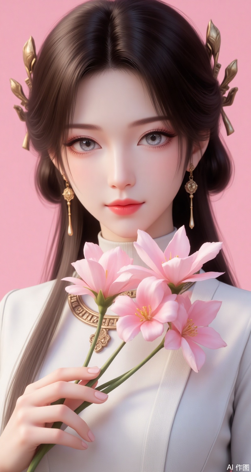 meining,baoshi,lvjing,1girl,brown hair,jewelry,hair ornament,earrings,necklace,closed mouth,long hair,grey eyes,1girl,solo,flower,pink background,holding,holding flower,turtleneck,looking at viewer,portrait,realistic,simple background,pink flower,lips,red lips,white flower,58,cover,simple background,gradient background,close-up details,outstanding style,adding a touch of dimension to your images without compromising details,close-up,