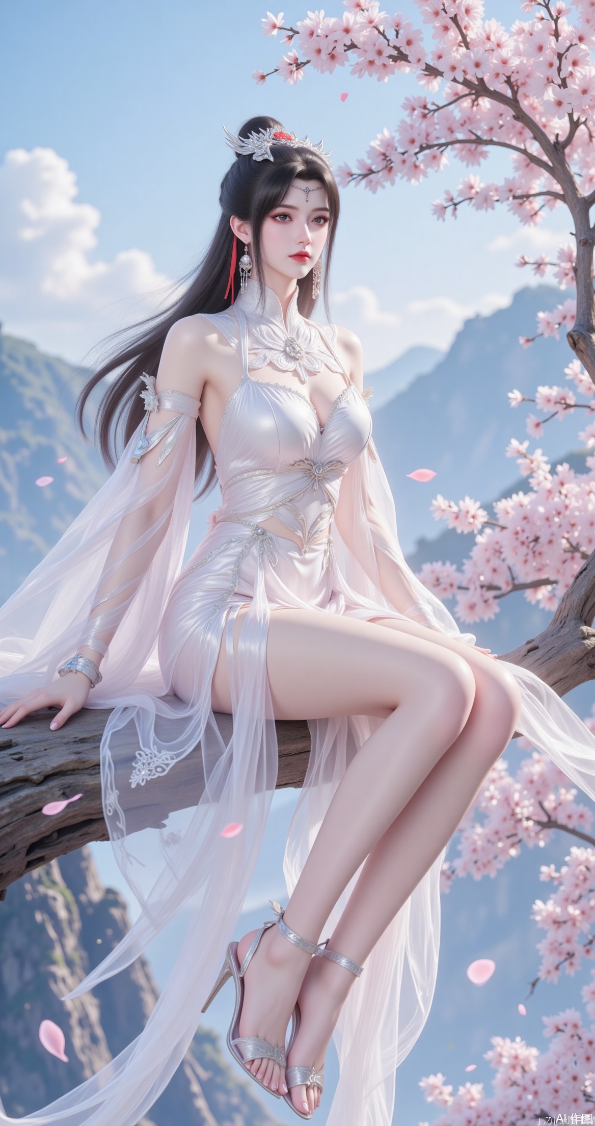 The image is a digital illustration of a young woman sitting on a tree branch with pink cherry blossom trees in the background
The woman is wearing a white dress with a high neckline and long sleeves, and she is also wearing high heels
She has long dark hair styled in loose waves and a tiara on her head
The dress is flowing in the wind, and the woman is looking off to the side with a serious expression on her face
The background shows a beautiful landscape with mountains and a blue sky
The overall mood of the image is peaceful and serene.