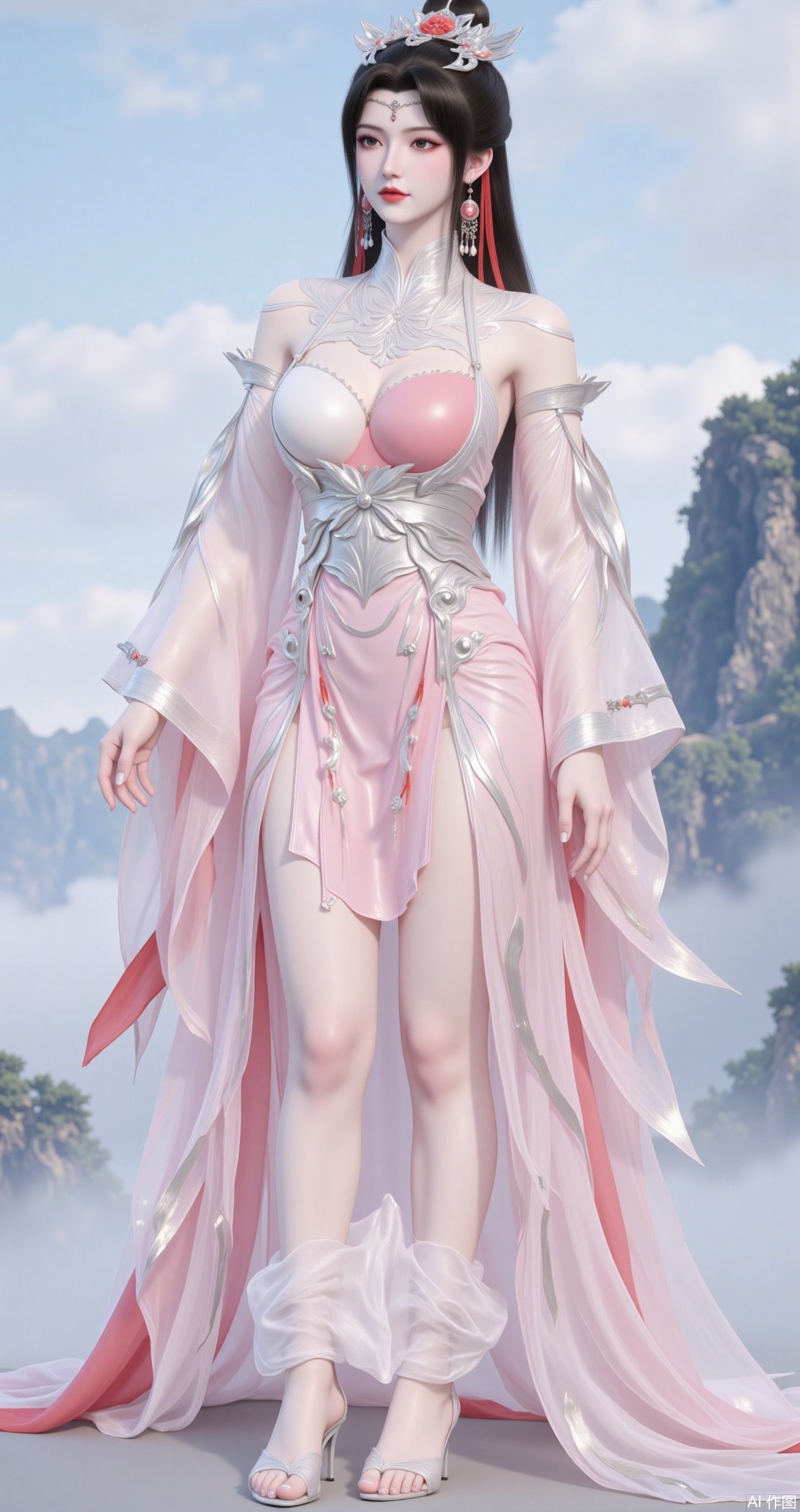 The image shows a woman wearing a traditional Chinese dress
The dress is long and flowing, with a pink and white color scheme
The woman is standing in front of a mountain landscape, with the sky and clouds visible in the background
She is wearing a long, flowing pink robe with a high neckline and long sleeves
The robe is made of a light pink fabric with intricate patterns and designs
The bodice of the dress is strapless and has a deep V-neckline, while the skirt is full and flows down to the floor
She has a pair of white sandals on her feet and her hair is styled in a sleek updo with a tiara on top
The overall look is elegant and regal.