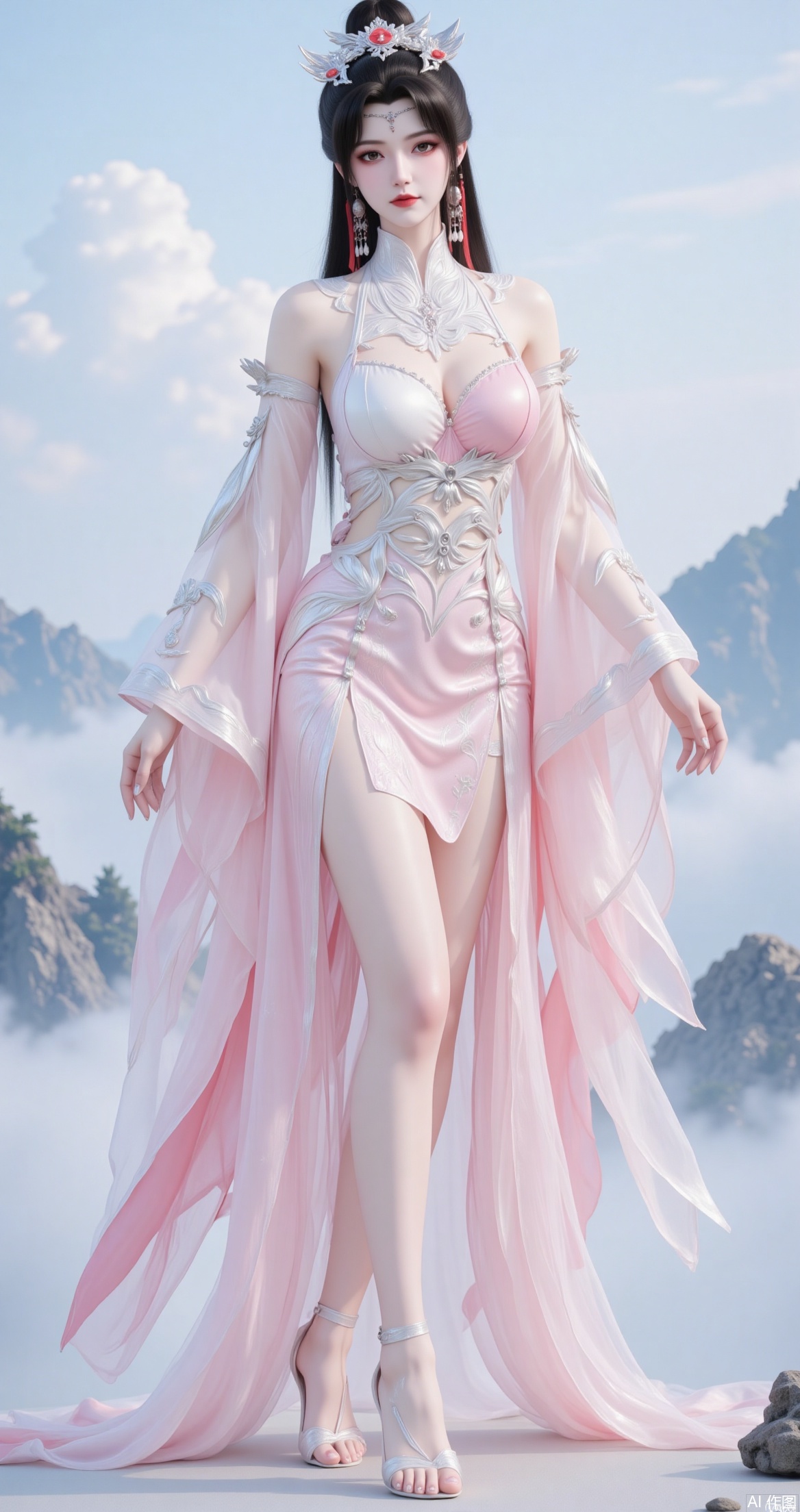The image shows a woman wearing a traditional Chinese dress
The dress is long and flowing, with a pink and white color scheme
The woman is standing in front of a mountain landscape, with the sky and clouds visible in the background
She is wearing a long, flowing pink robe with a high neckline and long sleeves
The robe is made of a light pink fabric with intricate patterns and designs
The bodice of the dress is strapless and has a deep V-neckline, while the skirt is full and flows down to the floor
She has a pair of white sandals on her feet and her hair is styled in a sleek updo with a tiara on top
The overall look is elegant and regal.