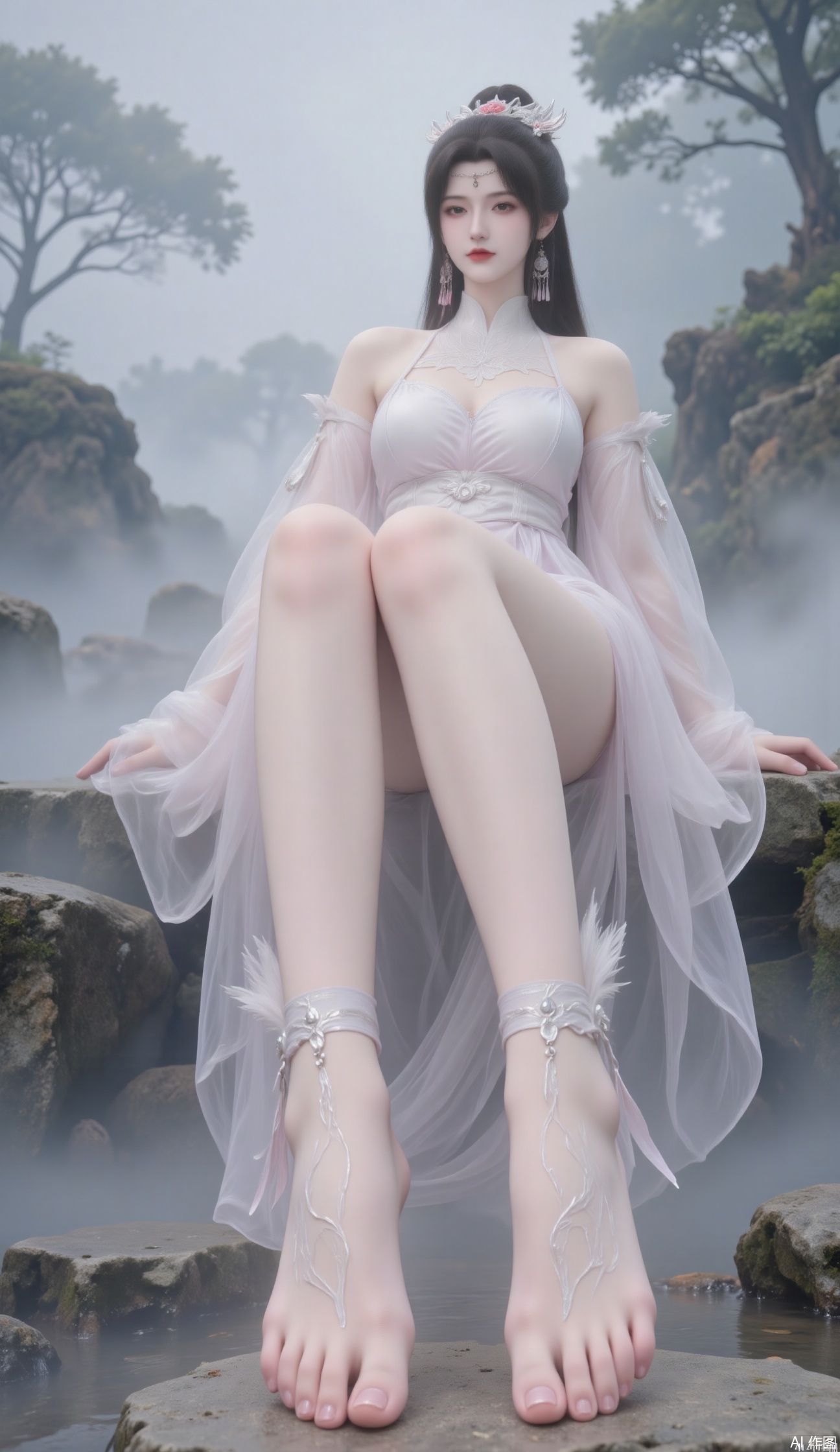 a serene and ethereal scene with a woman dressed in flowing, translucent garments. She is sitting on stone steps, with her legs extended and barefoot, adorned with delicate, feather-like anklets. The setting is misty and mystical, with foggy trees in the background and a soft, ethereal light filtering through the mist. The woman's expression is calm and contemplative, adding to the tranquil atmosphere of the scene. The overall aesthetic is reminiscent of traditional East Asian art, with its emphasis on delicate details and a sense of otherworldly beauty.