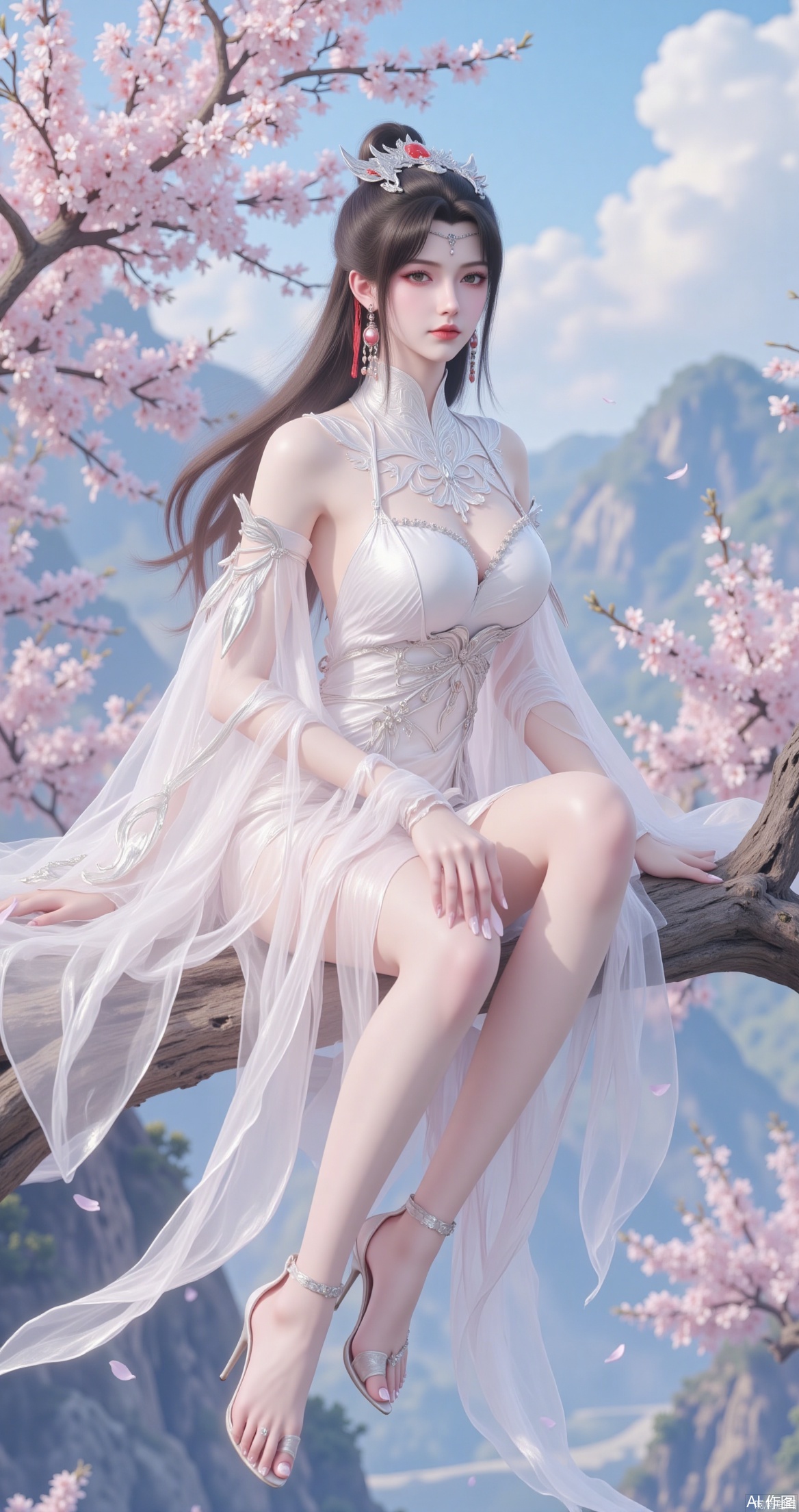 The image is a digital illustration of a young woman sitting on a tree branch with pink cherry blossom trees in the background
The woman is wearing a white dress with a high neckline and long sleeves, and she is also wearing high heels
She has long dark hair styled in loose waves and a tiara on her head
The dress is flowing in the wind, and the woman is looking off to the side with a serious expression on her face
The background shows a beautiful landscape with mountains and a blue sky
The overall mood of the image is peaceful and serene.