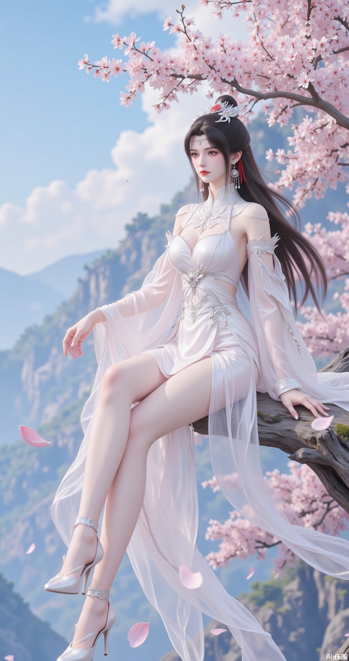 The image is a digital illustration of a young woman sitting on a tree branch with pink cherry blossom trees in the background
The woman is wearing a white dress with a high neckline and long sleeves, and she is also wearing high heels
She has long dark hair styled in loose waves and a tiara on her head
The dress is flowing in the wind, and the woman is looking off to the side with a serious expression on her face
The background shows a beautiful landscape with mountains and a blue sky
The overall mood of the image is peaceful and serene.