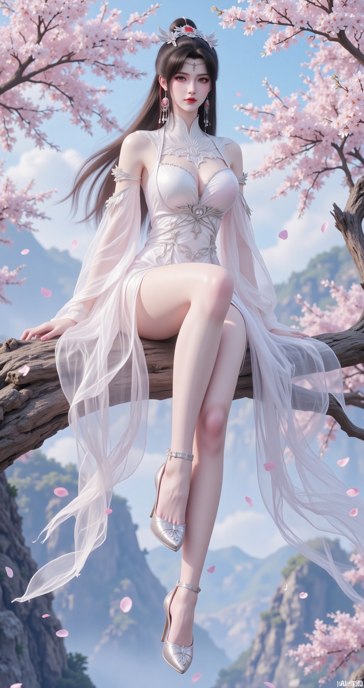 The image is a digital illustration of a young woman sitting on a tree branch with pink cherry blossom trees in the background
The woman is wearing a white dress with a high neckline and long sleeves, and she is also wearing high heels
She has long dark hair styled in loose waves and a tiara on her head
The dress is flowing in the wind, and the woman is looking off to the side with a serious expression on her face
The background shows a beautiful landscape with mountains and a blue sky
The overall mood of the image is peaceful and serene.