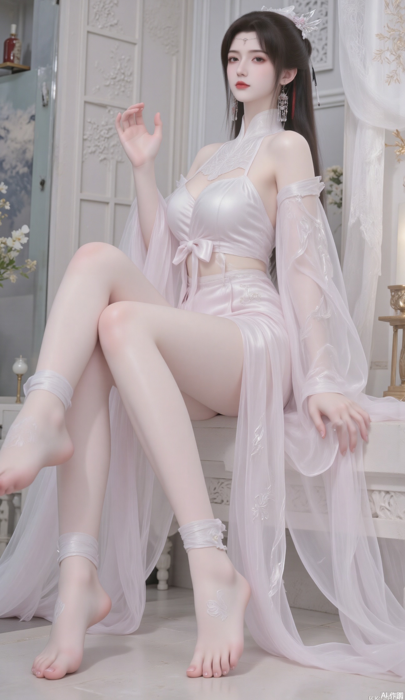 1 girl, whole body, barefoot, white skin, long black hair, Hanfu dress, pantyhose, thigh bow, bathroom, elegant posture,sitting