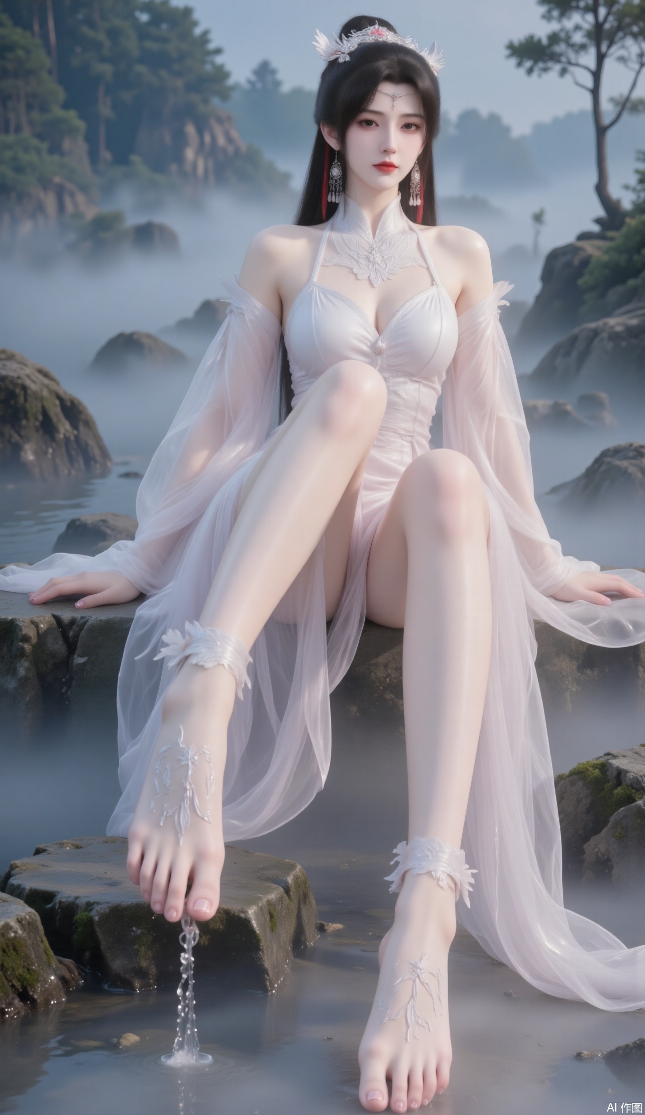 a serene and ethereal scene with a woman dressed in flowing, translucent garments. She is sitting on stone steps, with her legs extended and barefoot, adorned with delicate, feather-like anklets. The setting is misty and mystical, with foggy trees in the background and a soft, ethereal light filtering through the mist. The woman's expression is calm and contemplative, adding to the tranquil atmosphere of the scene. The overall aesthetic is reminiscent of traditional East Asian art, with its emphasis on delicate details and a sense of otherworldly beauty.
