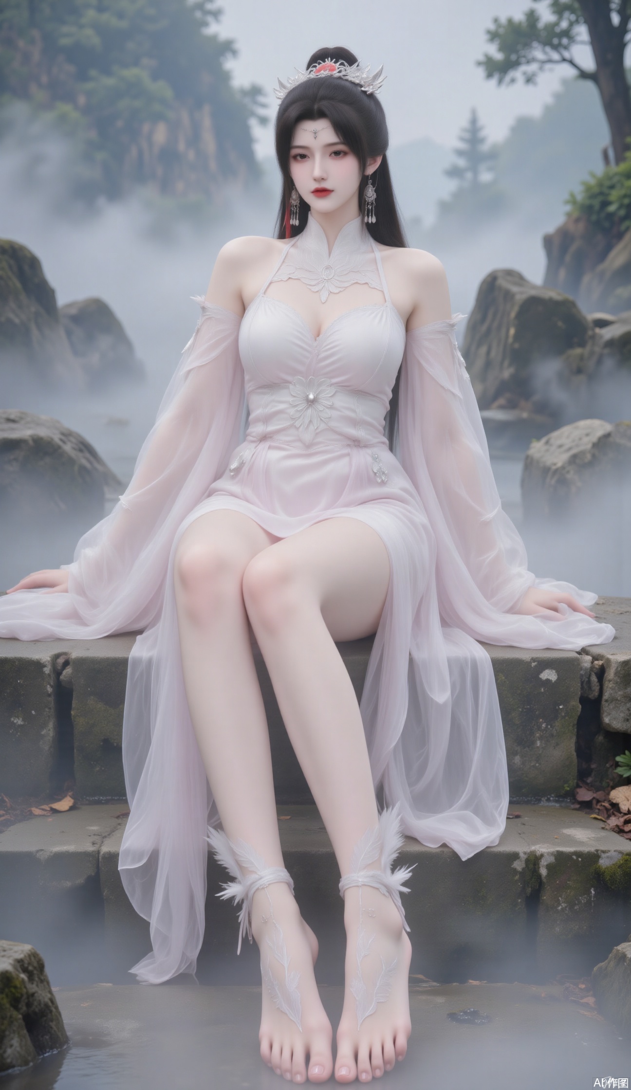 a serene and ethereal scene with a woman dressed in flowing, translucent garments. She is sitting on stone steps, with her legs extended and barefoot, adorned with delicate, feather-like anklets. The setting is misty and mystical, with foggy trees in the background and a soft, ethereal light filtering through the mist. The woman's expression is calm and contemplative, adding to the tranquil atmosphere of the scene. The overall aesthetic is reminiscent of traditional East Asian art, with its emphasis on delicate details and a sense of otherworldly beauty.