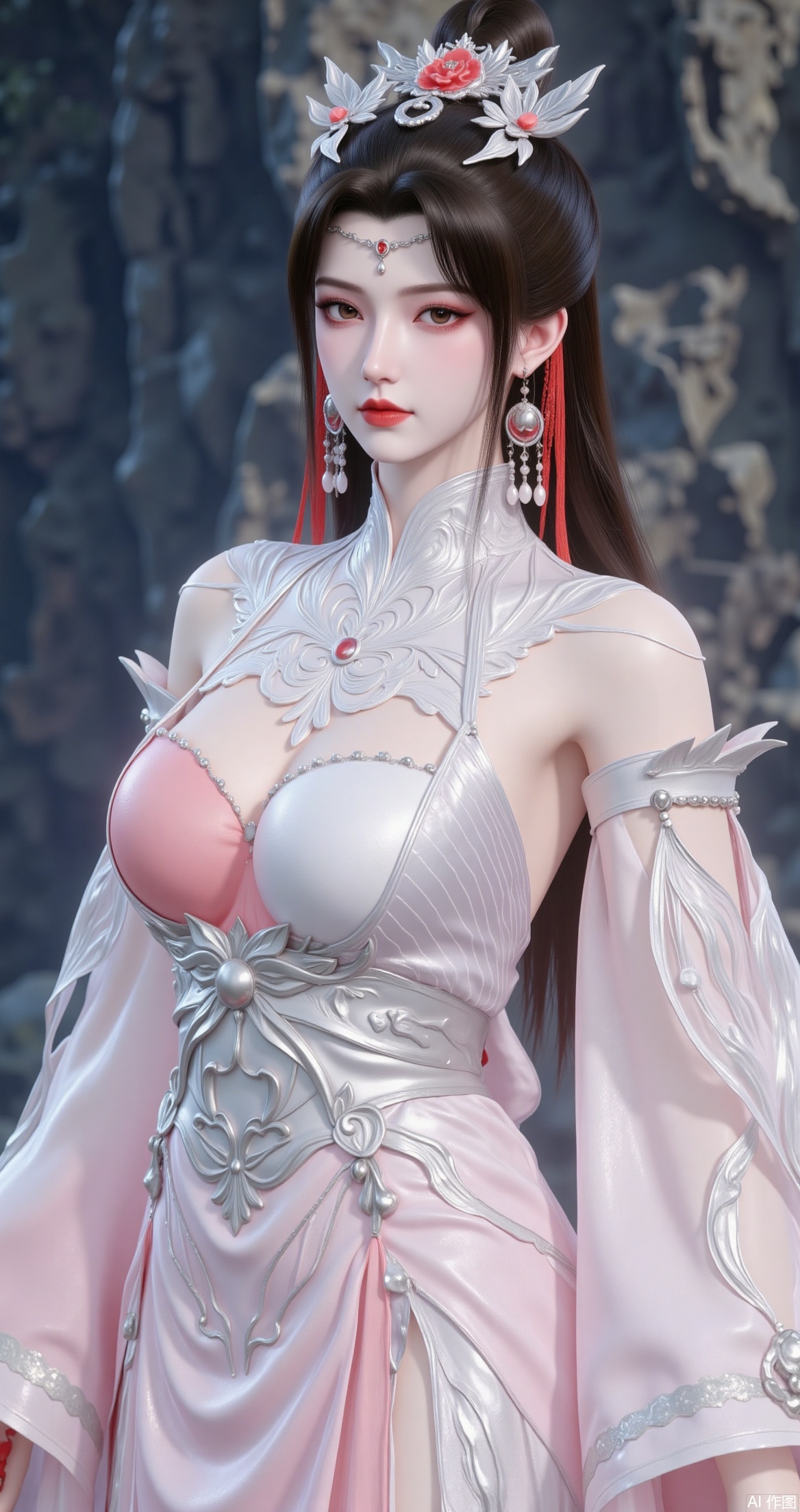 The image is a portrait of a young woman with long dark hair and red lipstick
She is wearing a white and pink traditional Chinese dress with intricate details on the bodice and skirt
The dress has a high neckline and long sleeves, and the skirt is made of a light pink fabric with white lace detailing
The woman is also wearing a pair of red earrings and a silver headpiece with a floral design
She has a serious expression on her face and is looking directly at the camera
The background appears to be a rocky cliff or cliff face.