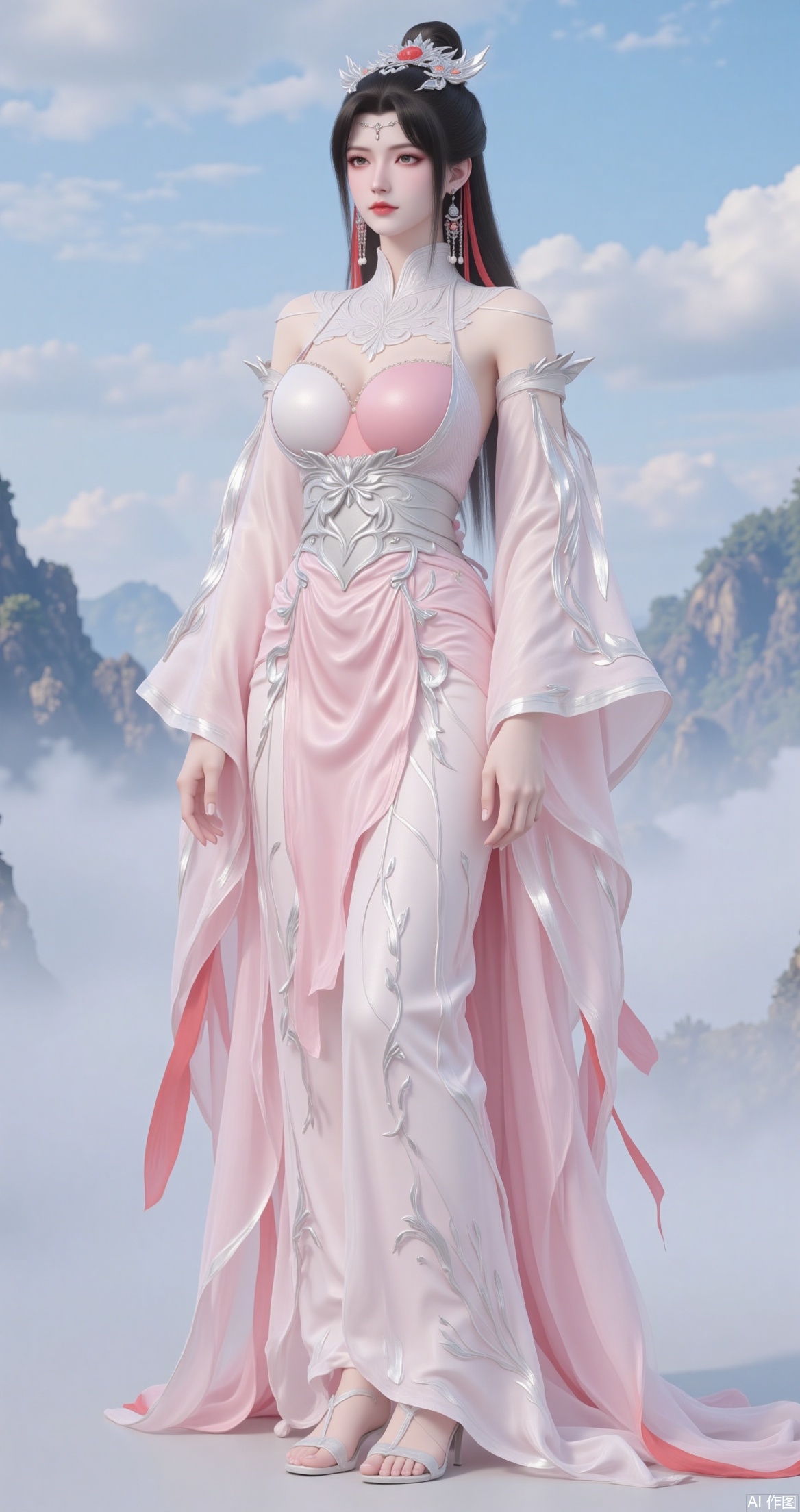 The image shows a woman wearing a traditional Chinese dress
The dress is long and flowing, with a pink and white color scheme
The woman is standing in front of a mountain landscape, with the sky and clouds visible in the background
She is wearing a long, flowing pink robe with a high neckline and long sleeves
The robe is made of a light pink fabric with intricate patterns and designs
The bodice of the dress is strapless and has a deep V-neckline, while the skirt is full and flows down to the floor
She has a pair of white sandals on her feet and her hair is styled in a sleek updo with a tiara on top
The overall look is elegant and regal.