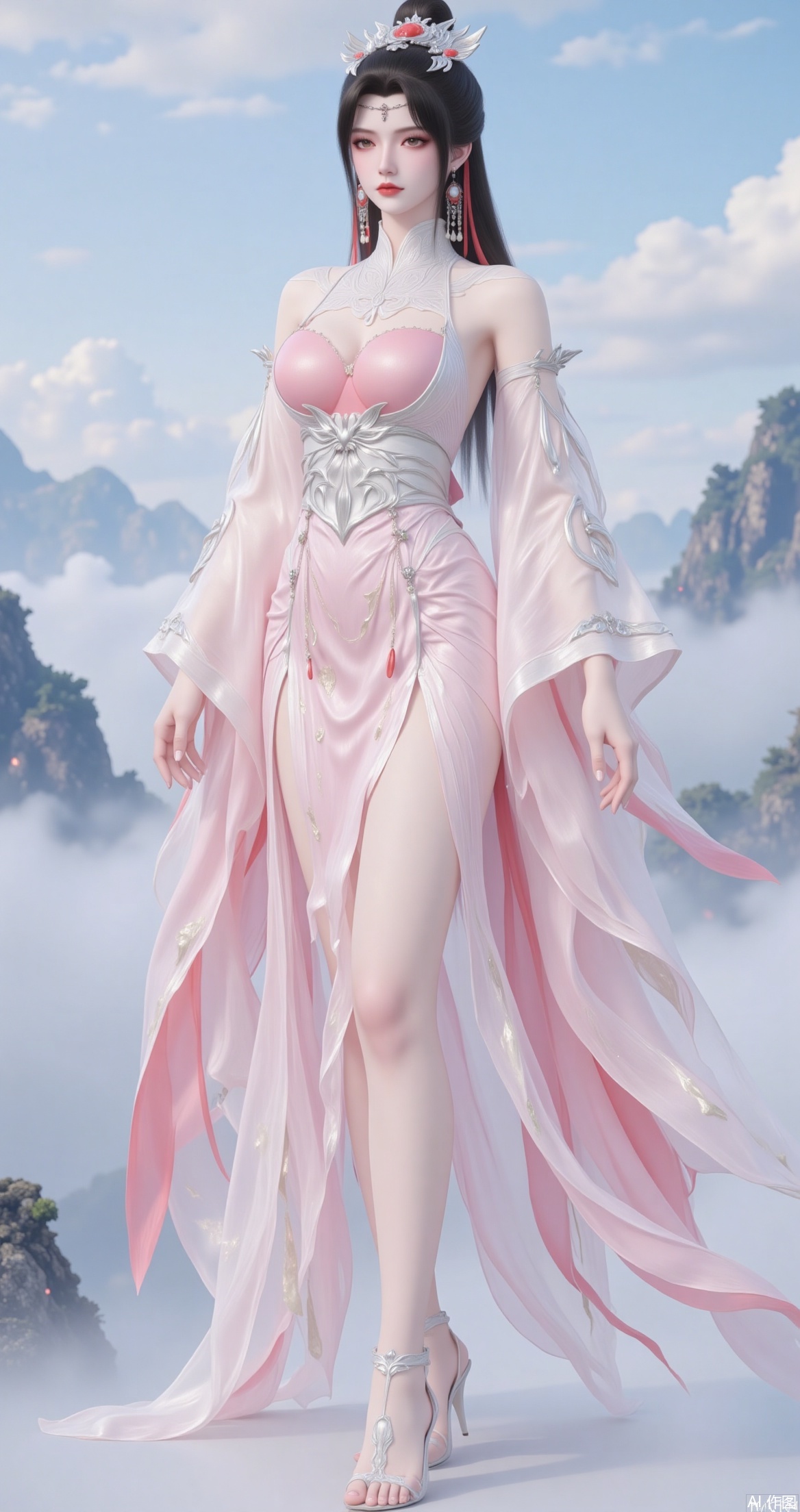 The image shows a woman wearing a traditional Chinese dress
The dress is long and flowing, with a pink and white color scheme
The woman is standing in front of a mountain landscape, with the sky and clouds visible in the background
She is wearing a long, flowing pink robe with a high neckline and long sleeves
The robe is made of a light pink fabric with intricate patterns and designs
The bodice of the dress is strapless and has a deep V-neckline, while the skirt is full and flows down to the floor
She has a pair of white sandals on her feet and her hair is styled in a sleek updo with a tiara on top
The overall look is elegant and regal.