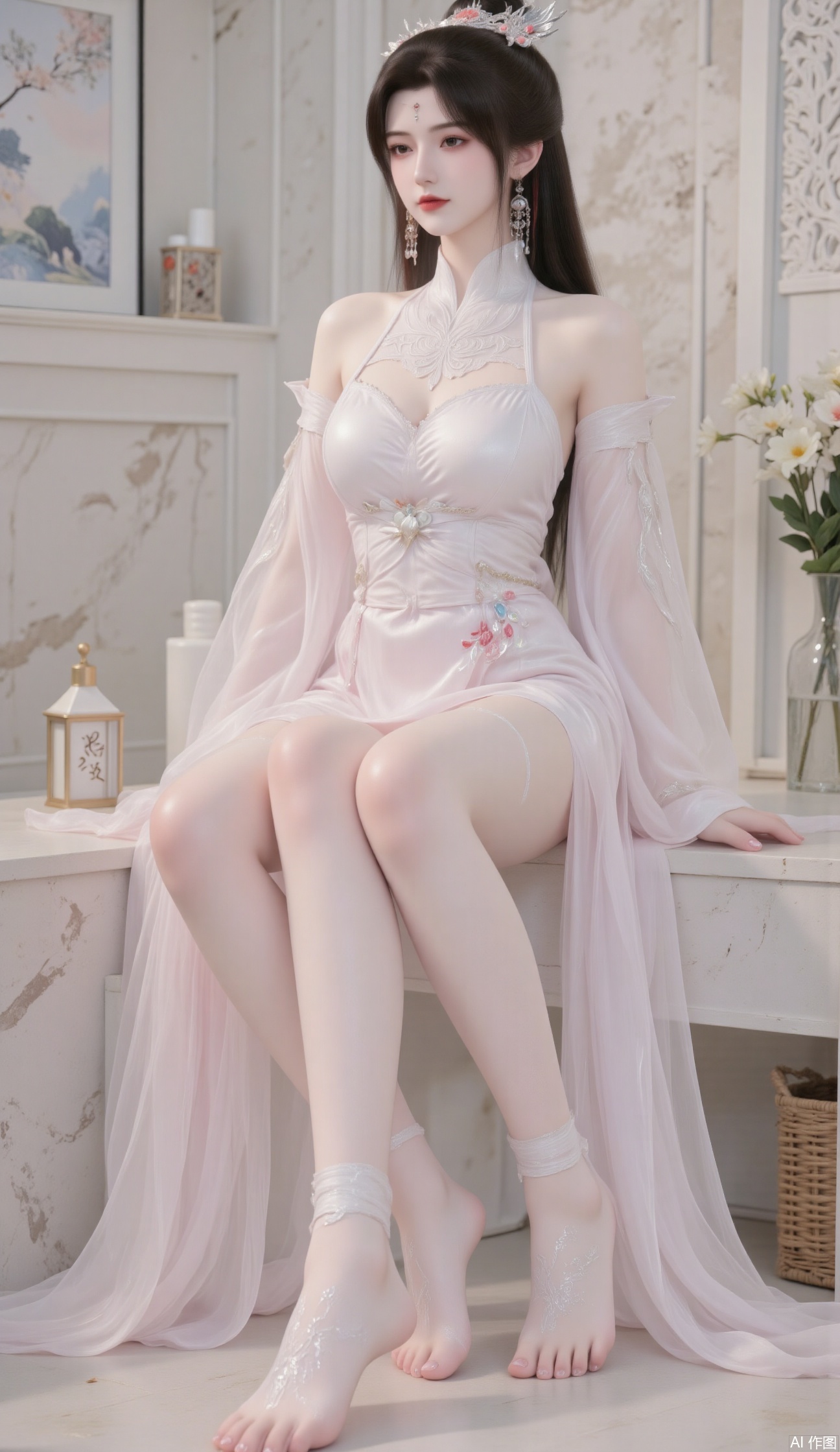 1 girl, whole body, barefoot, white skin, long black hair, Hanfu dress, pantyhose, thigh bow, bathroom, elegant posture,sitting