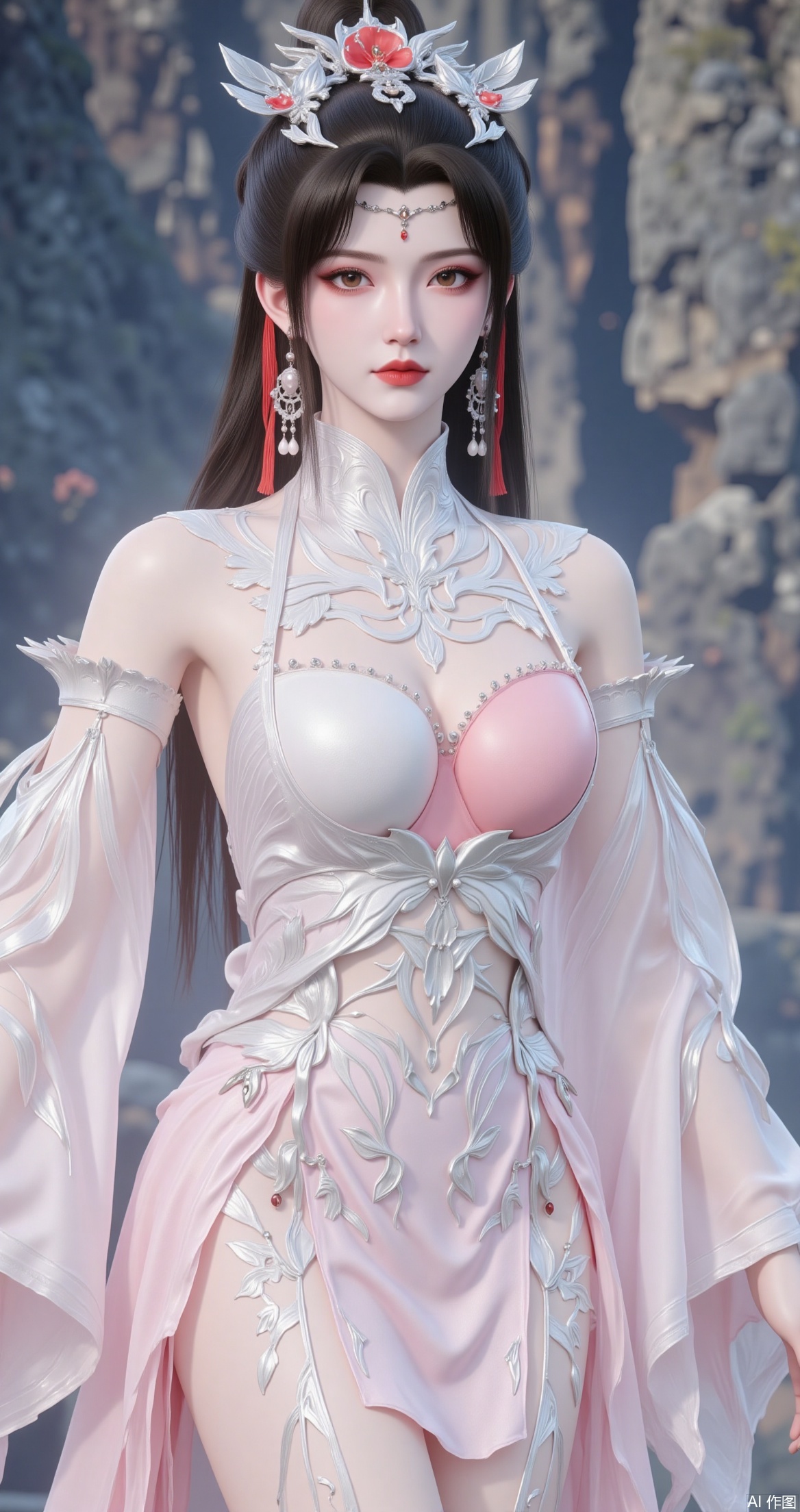The image is a portrait of a young woman with long dark hair and red lipstick
She is wearing a white and pink traditional Chinese dress with intricate details on the bodice and skirt
The dress has a high neckline and long sleeves, and the skirt is made of a light pink fabric with white lace detailing
The woman is also wearing a pair of red earrings and a silver headpiece with a floral design
She has a serious expression on her face and is looking directly at the camera
The background appears to be a rocky cliff or cliff face.