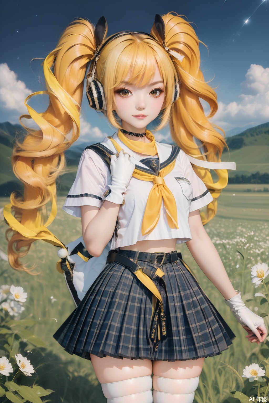 1girl, solo, long hair, looking at viewer, bangs, skirt, blonde hair, shirt, thighhighs, gloves, ribbon, twintails, brown eyes, school uniform, white shirt, short sleeves, pleated skirt,Thigh exposed,thighhighs,looking at viewer,in a meadow,in a meadow,