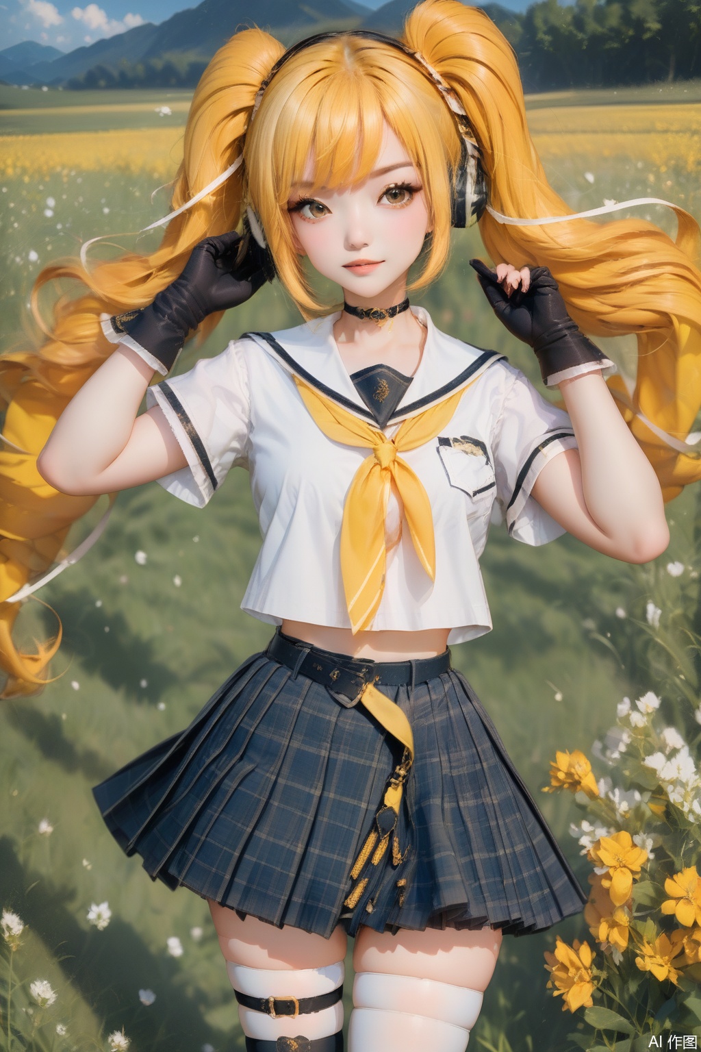 1girl, solo, long hair, looking at viewer, bangs, skirt, blonde hair, shirt, thighhighs, gloves, ribbon, twintails, brown eyes, school uniform, white shirt, short sleeves, pleated skirt,Thigh exposed,thighhighs,looking at viewer,in a meadow,in a meadow,