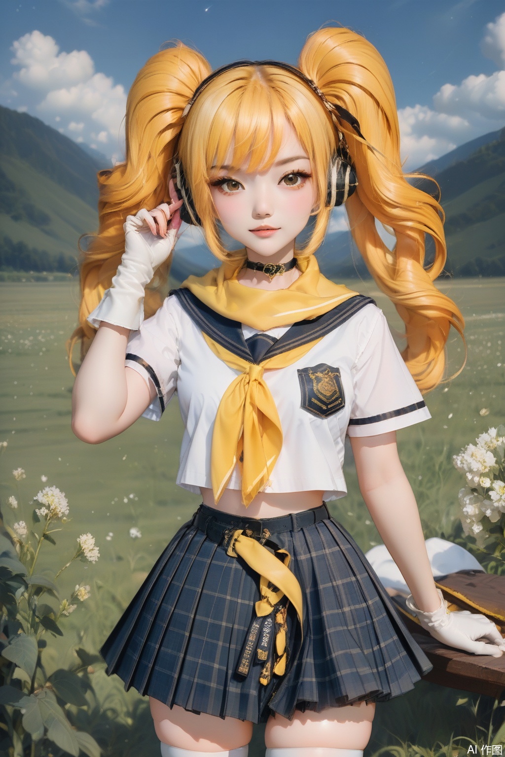 1girl, solo, long hair, looking at viewer, bangs, skirt, blonde hair, shirt, thighhighs, gloves, ribbon, twintails, brown eyes, school uniform, white shirt, short sleeves, pleated skirt,Thigh exposed,thighhighs,looking at viewer,in a meadow,in a meadow,