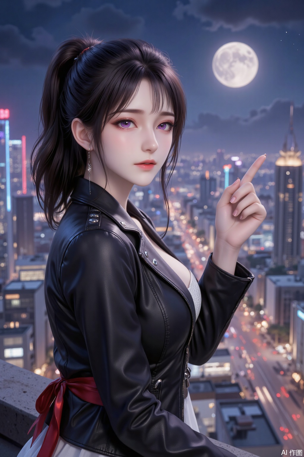 In the bustling cityscape at night, a girl in a black leather jacket sits quietly on the edge of a high-rise rooftop, gazing down at the illuminated city. Her black hair is tied into a high ponytail, the ends slightly curled and lightly swaying in the night breeze. Her fringe neatly falls over her forehead, her slightly furrowed brow revealing a hint of coolness and determination. Her purple eyes are as deep as the night sky's most distant stars, reflecting the city's lights within her pupils. Her long lashes cast faint shadows under the moonlight.

Her pink lips curve into a subtle smile, as if savoring the tranquility and freedom of the night. Her expression carries a touch of confidence and independence, as if she is the ruler of this city. Her facial features are soft and delicate, her skin appearing exceptionally fair under the moonlight, radiating a soft glow.

Her right hand gently rises, her index finger pointing toward the distant neon lights, as if guiding the way forward. Her fingers are slender and long, her nails neatly trimmed and clean, exuding an elegant charm. Her arm lines are smooth, her movements natural, revealing a calm and confident demeanor.

Her black leather jacket is simple yet cool, with silver metal accents on the collar and cuffs, as if mimicking the stars in the night sky. The fabric clings to her figure, accentuating her slender form. A thin red silk ribbon is tied around her waist, its ends fluttering in the wind, adding a touch of dynamic beauty.

The background is a bustling city at night, with neon lights flashing on high-rise buildings, and traffic flowing like the city's pulse on the streets. In the distant skyline, a full moon hangs high, its light bathing her in a mysterious glow.