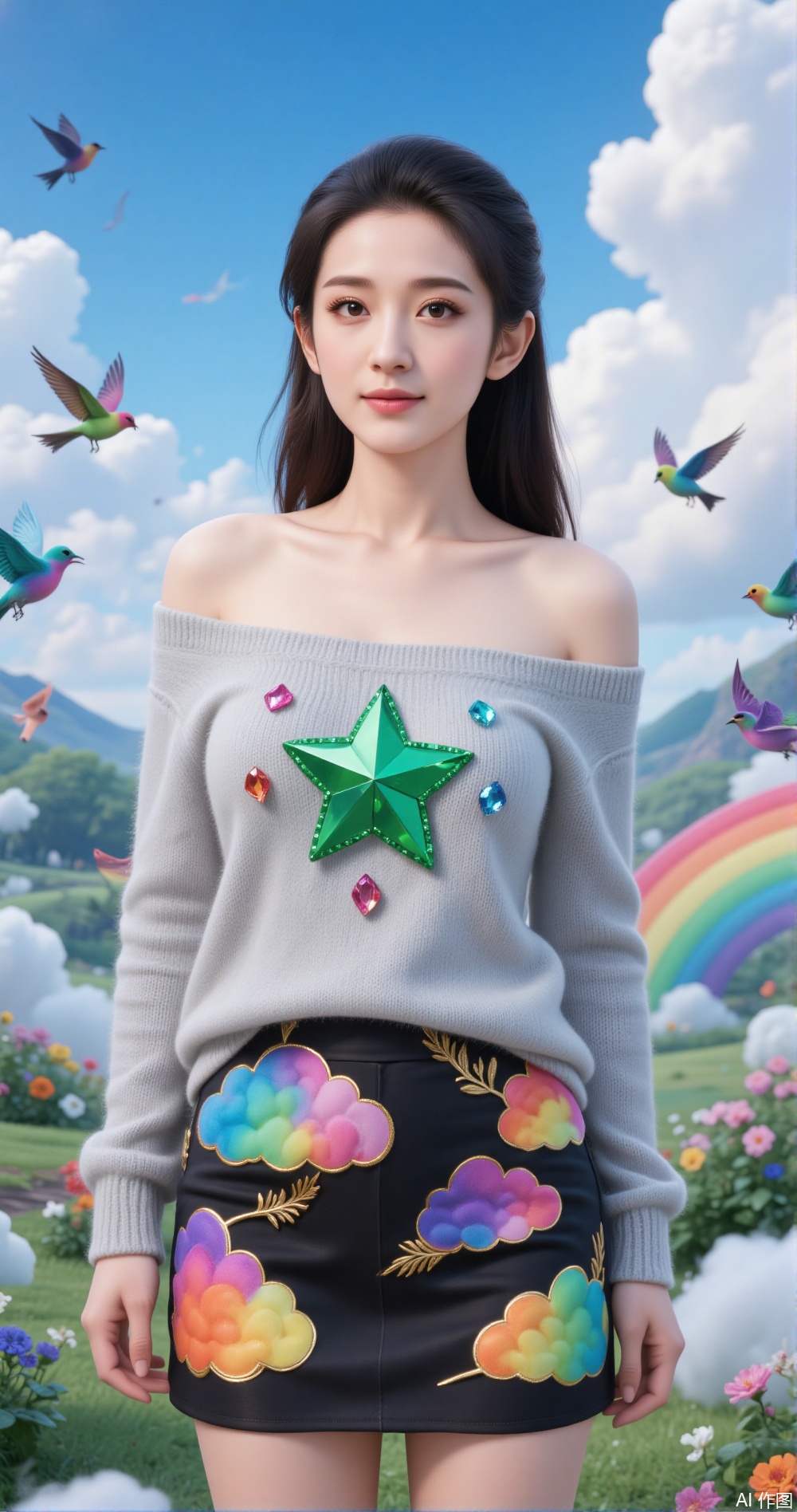 a person standing in a whimsical, dreamlike setting
The individual is wearing a light gray off-the-shoulder sweater adorned with colorful gemstones and a large green star on the chest
They are also wearing a black skirt with vibrant, fluffy cloud patterns and golden leaf designs
Surrounding the person are multiple colorful birds in flight, adding to the magical atmosphere
The background features a clear blue sky with fluffy white clouds, a rainbow arching across the scene, and lush greenery with blooming flowers
The overall composition and vibrant colors create a fantastical and cheerful environment.