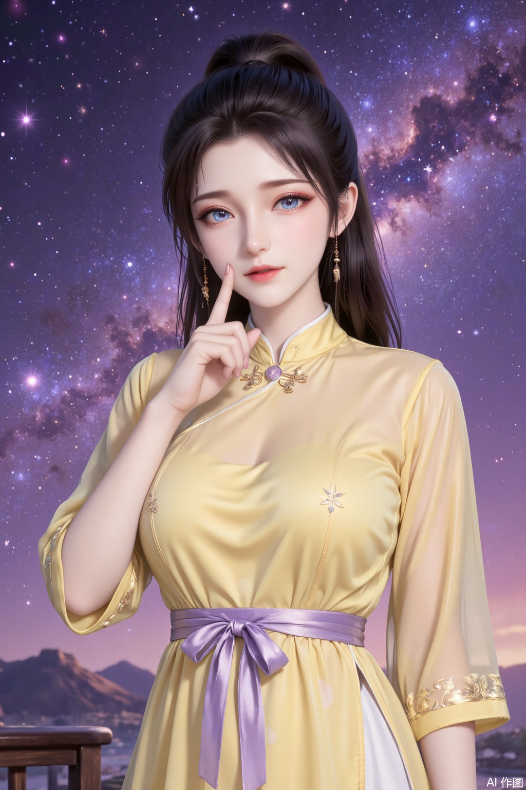 Against the backdrop of a vast starry sky, a girl in a yellow Chinese practice outfit stands quietly, exuding a unique charm and personality. Her black hair is tied into a high ponytail, the ends slightly curled and shimmering with a soft glow under the starlight. Her fringe neatly falls over her forehead, slightly covering her slightly furrowed brow, which reveals a hint of defiance and determination. Her blue starry eyes are deep and mysterious, with countless stars seemingly twinkling within her pupils. Her long lashes, feather-light under the starlight, flutter slightly, adding a touch of dreamy charm.

Her pink lips curve into a faint smile, as if hiding inner joy. Her expression carries a hint of playfulness and confidence, her gaze slanting to one side as if she's observing something intriguing. Her facial features are soft and delicate, her skin appearing exceptionally fair under the starlight, as if glowing with a soft luminescence.

Her right hand rises, her index finger pointing straight at the middle of her mouth, as if signaling a secret or a mysterious message. Her fingers are slender and long, her nails neatly trimmed and clean, exuding an elegant charm. Her arm lines are smooth, her movements natural, revealing a calm and confident demeanor.

Her yellow Chinese practice outfit is simple yet exquisite, with exquisite golden patterns embroidered on the collar and cuffs, as if mimicking the stars in the galaxy. The fabric is light and soft, swaying gently with the breeze, as if merging with the starry sky. A thin purple silk ribbon is tied around her waist, its ends fluttering in the wind, adding a touch of ethereal beauty.

The background is a magnificent starry sky, with a deep purple canopy dotted with countless twinkling stars, as if a grand galaxy spans across the horizon. The light of the galaxy bathes her in a mysterious purple glow. The starlight forms a soft halo around her, as if she is the ruler of this starry expanse.