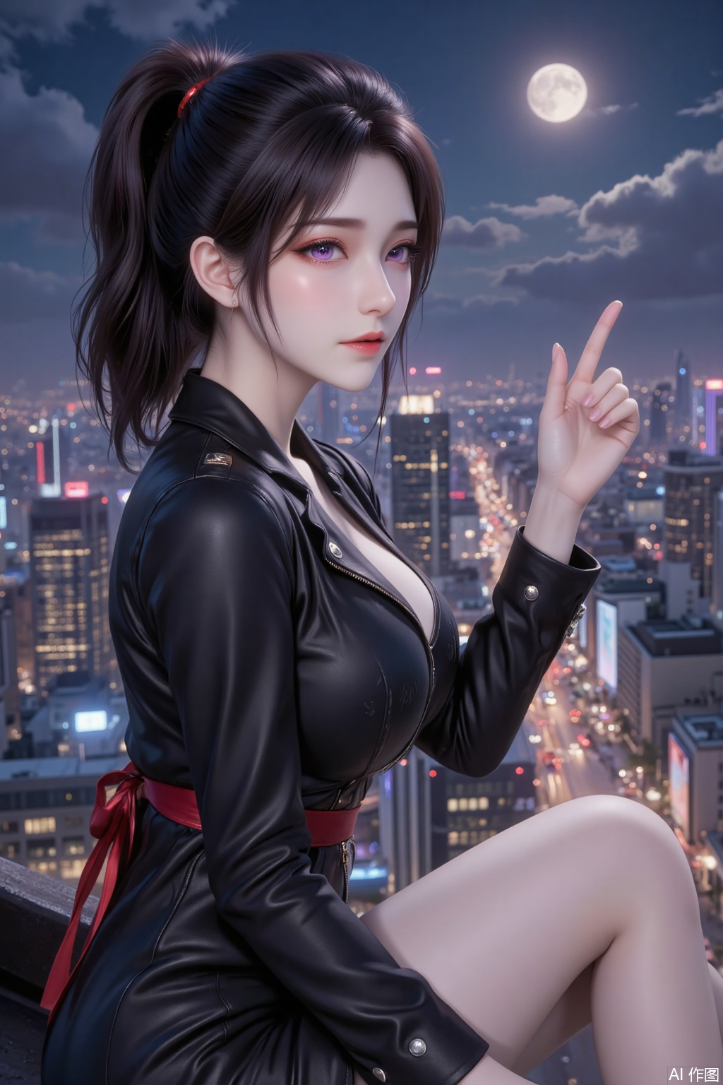 In the bustling cityscape at night, a girl in a black leather jacket sits quietly on the edge of a high-rise rooftop, gazing down at the illuminated city. Her black hair is tied into a high ponytail, the ends slightly curled and lightly swaying in the night breeze. Her fringe neatly falls over her forehead, her slightly furrowed brow revealing a hint of coolness and determination. Her purple eyes are as deep as the night sky's most distant stars, reflecting the city's lights within her pupils. Her long lashes cast faint shadows under the moonlight.

Her pink lips curve into a subtle smile, as if savoring the tranquility and freedom of the night. Her expression carries a touch of confidence and independence, as if she is the ruler of this city. Her facial features are soft and delicate, her skin appearing exceptionally fair under the moonlight, radiating a soft glow.

Her right hand gently rises, her index finger pointing toward the distant neon lights, as if guiding the way forward. Her fingers are slender and long, her nails neatly trimmed and clean, exuding an elegant charm. Her arm lines are smooth, her movements natural, revealing a calm and confident demeanor.

Her black leather jacket is simple yet cool, with silver metal accents on the collar and cuffs, as if mimicking the stars in the night sky. The fabric clings to her figure, accentuating her slender form. A thin red silk ribbon is tied around her waist, its ends fluttering in the wind, adding a touch of dynamic beauty.

The background is a bustling city at night, with neon lights flashing on high-rise buildings, and traffic flowing like the city's pulse on the streets. In the distant skyline, a full moon hangs high, its light bathing her in a mysterious glow.