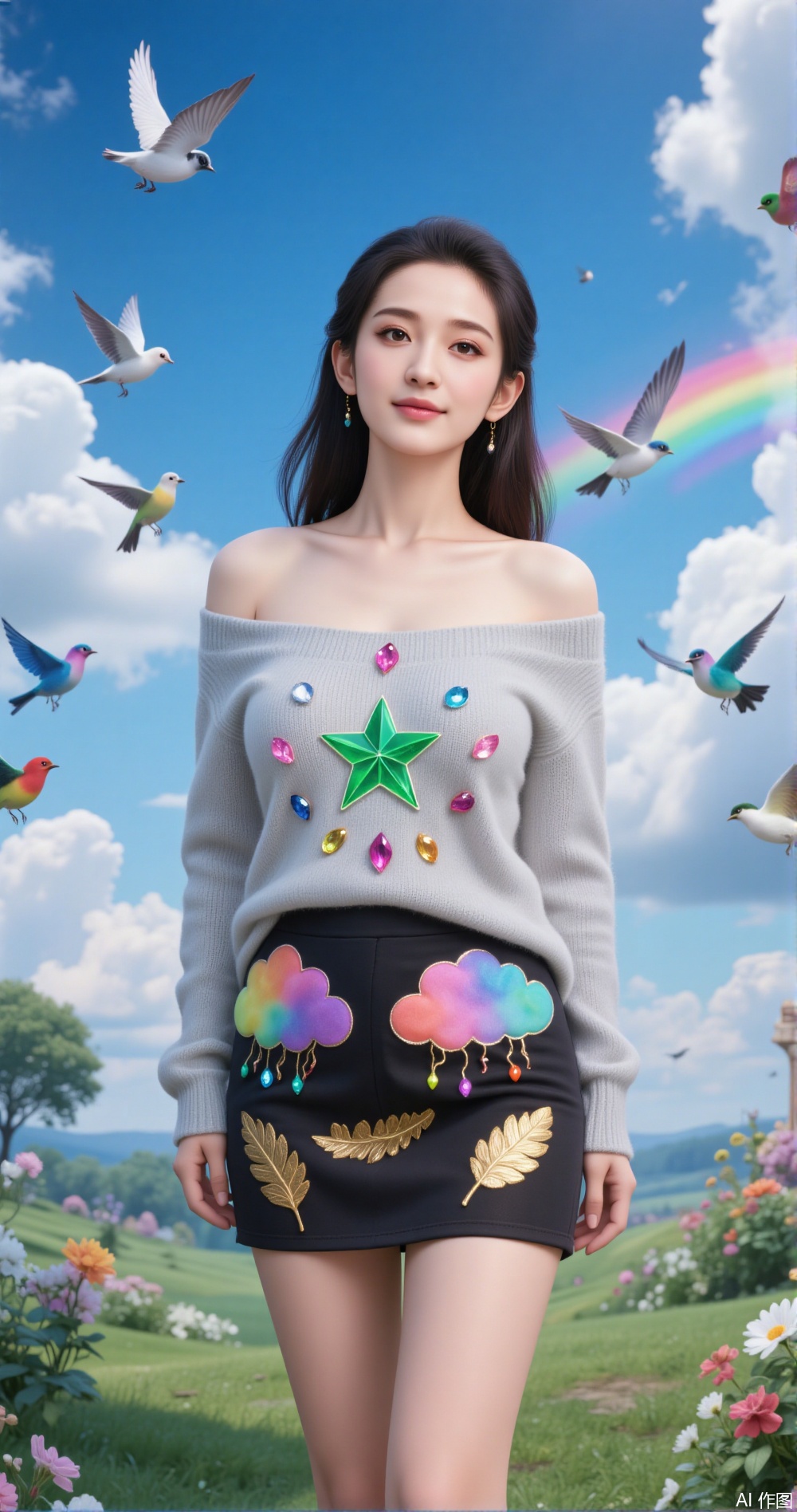 a person standing in a whimsical, dreamlike setting
The individual is wearing a light gray off-the-shoulder sweater adorned with colorful gemstones and a large green star on the chest
They are also wearing a black skirt with vibrant, fluffy cloud patterns and golden leaf designs
Surrounding the person are multiple colorful birds in flight, adding to the magical atmosphere
The background features a clear blue sky with fluffy white clouds, a rainbow arching across the scene, and lush greenery with blooming flowers
The overall composition and vibrant colors create a fantastical and cheerful environment.