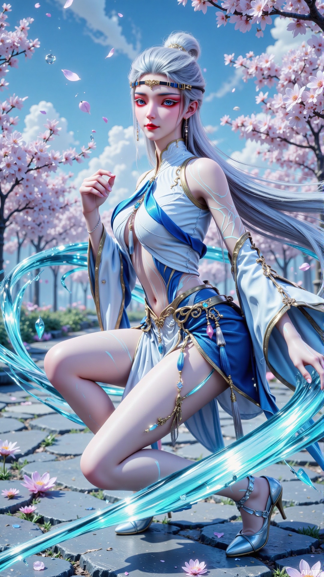 8K cinematic masterpiece, 16K studio-quality, elegant combat portrait**. Centered (85% frame) a woman kneels in dynamic pose, **moonlight-silver hair flowing** (>15,000 strands), adorned with **crystal hairpins** (0.1mm thickness). #### **Character Details** - **Eyes**: Icy blue ombre (0.03mm diamond dust) - **Lips**: Pantone 19-1863 TCX (0.02mm texture) - **Skin**: SSS 0.75, pearl-like radiance (RGB 240,230,220) - **Combat Pose**: - Right knee bent (thigh-calf contact) - Left leg extended (35° ankle flexion) - 15° torso twist - Right hand touching ground (precise knuckles) #### **Costume** - **Sheer battle skirt** (30% opacity, 0.5m/s flow) - **Silver combat heels** (10cm heel, 90% reflectivity) #### **Environment** - **Azure sky** (hue 210°, 65% saturation) - **Sakura path**: - Stone pavement (4K displacement) - Pink cherry blossoms (HSL 330,75%,80%) - White daisies (random 2-4cm clusters) - **Ethereal particles** (density 0.3, 180nit