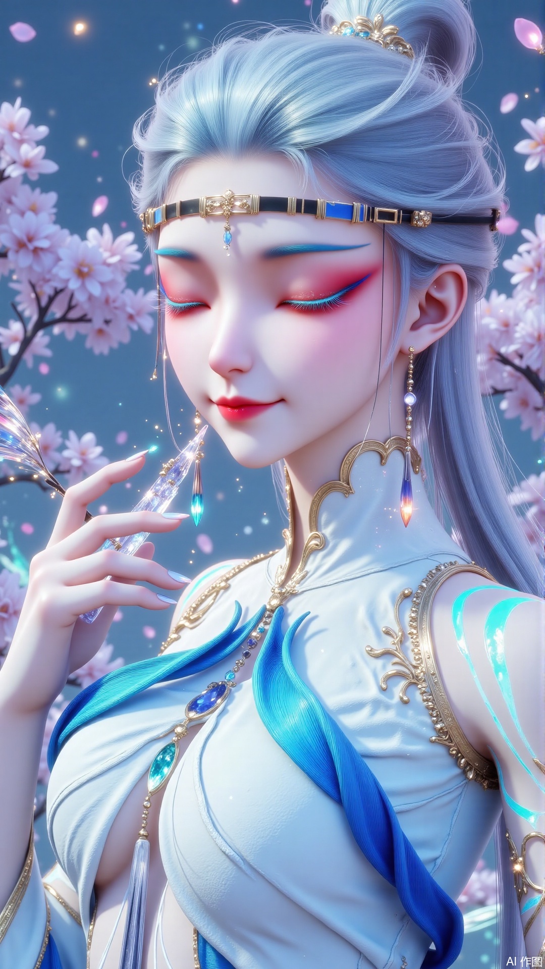 8K UHD Masterpiece | 16K Cinematic Quality | Professional Retouching 【Close-up Portrait】 Centered (85% frame) is an upper-body close-up of a solo performer with silver-to-blue ombre high ponytail, each strand reflecting icy blue highlights. Her exquisite makeup features: - Porcelain skin with visible pore details and natural glow on nose tip - Sapphire eyes contrasted by crimson eyeshadow - Glowing pale blue cross sigil on forehead - Cobalt lashes with perfect curl definition - Parted lips showing delicate texture and stardust shimmer 【Elegant Pose】 - Right hand holding crystal flute with gracefully arched fingers - Left hand lightly touching collarbone, fingertips shimmering - Neck elegantly tilted with captivating smile - Shoulders relaxed in perfect proportion 【Costume Details】 - Off-shoulder sheer top with subtle skin glow - Delicate crystal embellishments on chest - Ice-blue ribbons cascading from shoulders 【Background】 - Blurred lilac cherry blossom trees - Soft blue haze enveloping the scene - Floating petals around the figure - Dreamy yet mysterious atmosphere 【Tech Specs】 - Skin: 16K subsurface scattering - Hair: Strand-Based simulation - Material: 8K PBR texture - Optics: Zeiss Otus 85mm simulation