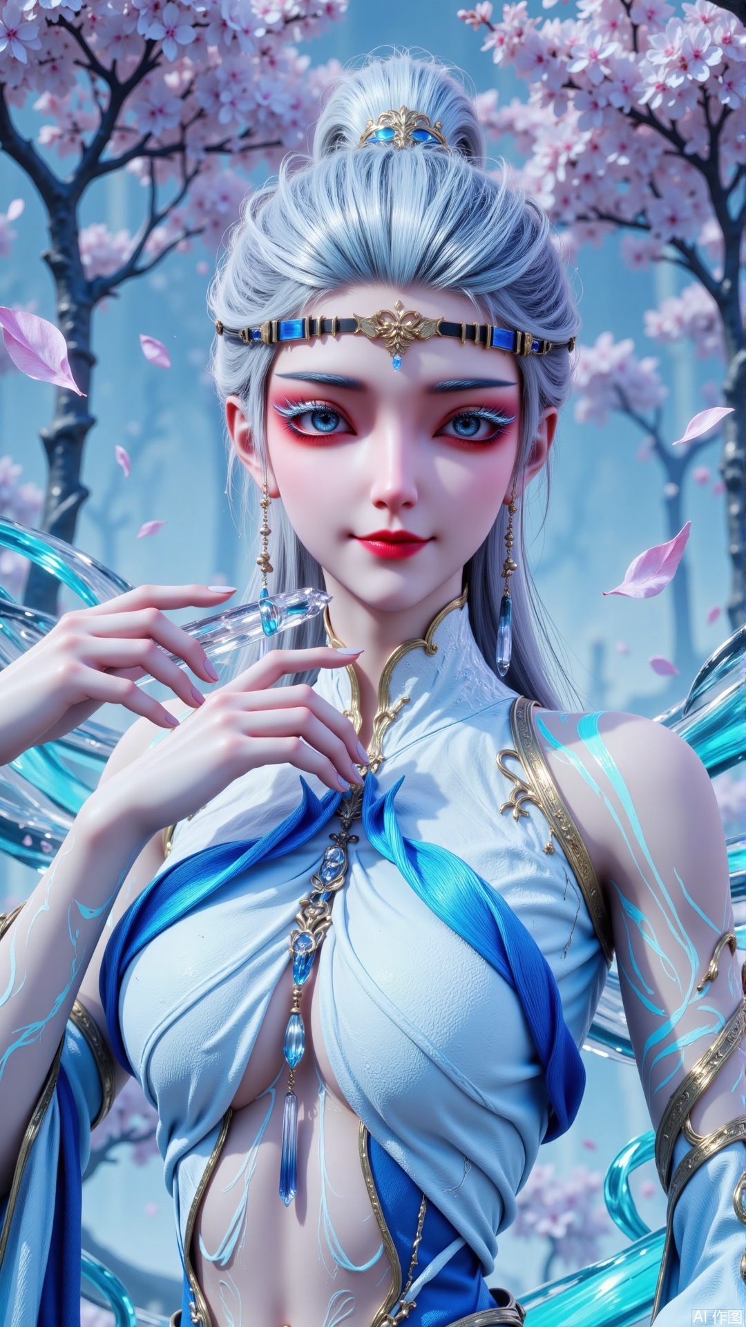 8K UHD Masterpiece | 16K Cinematic Quality | Professional Retouching

【Close-up Portrait】
Centered (85% frame) is an upper-body close-up of a solo performer with silver-to-blue ombre high ponytail, each strand reflecting icy blue highlights. Her exquisite makeup features:
- Porcelain skin with visible pore details and natural glow on nose tip
- Sapphire eyes contrasted by crimson eyeshadow
- Glowing pale blue cross sigil on forehead
- Cobalt lashes with perfect curl definition
- Parted lips showing delicate texture and stardust shimmer

【Elegant Pose】
- Right hand holding crystal flute with gracefully arched fingers
- Left hand lightly touching collarbone, fingertips shimmering
- Neck elegantly tilted with captivating smile
- Shoulders relaxed in perfect proportion

【Costume Details】
- Off-shoulder sheer top with subtle skin glow
- Delicate crystal embellishments on chest
- Ice-blue ribbons cascading from shoulders

【Background】
- Blurred lilac cherry blossom trees
- Soft blue haze enveloping the scene
- Floating petals around the figure
- Dreamy yet mysterious atmosphere

【Tech Specs】
- Skin: 16K subsurface scattering
- Hair: Strand-Based simulation
- Material: 8K PBR texture
- Optics: Zeiss Otus 85mm simulation