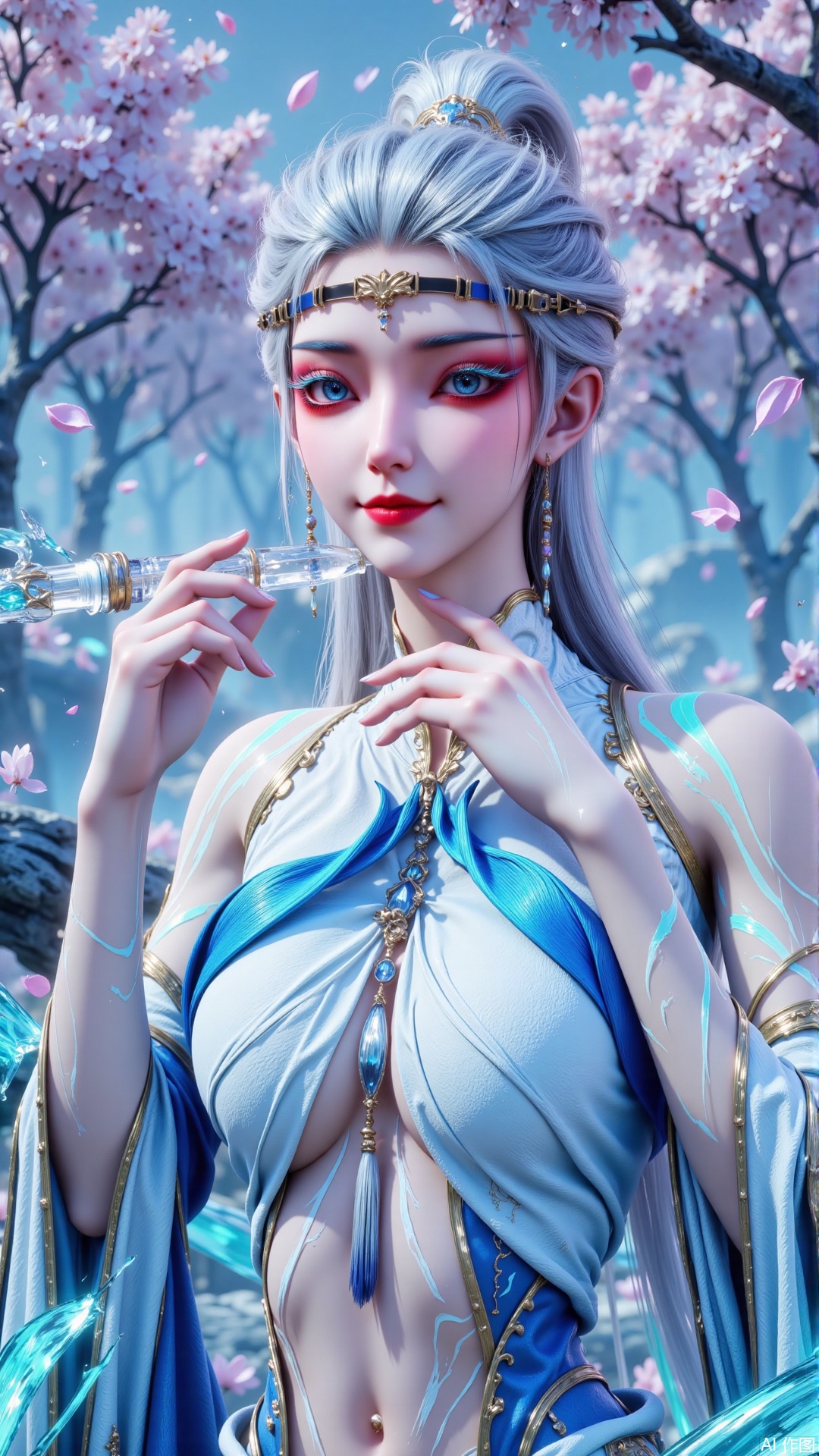 8K UHD Masterpiece | 16K Cinematic Quality | Professional Retouching

【Close-up Portrait】
Centered (85% frame) is an upper-body close-up of a solo performer with silver-to-blue ombre high ponytail, each strand reflecting icy blue highlights. Her exquisite makeup features:
- Porcelain skin with visible pore details and natural glow on nose tip
- Sapphire eyes contrasted by crimson eyeshadow
- Glowing pale blue cross sigil on forehead
- Cobalt lashes with perfect curl definition
- Parted lips showing delicate texture and stardust shimmer

【Elegant Pose】
- Right hand holding crystal flute with gracefully arched fingers
- Left hand lightly touching collarbone, fingertips shimmering
- Neck elegantly tilted with captivating smile
- Shoulders relaxed in perfect proportion

【Costume Details】
- Off-shoulder sheer top with subtle skin glow
- Delicate crystal embellishments on chest
- Ice-blue ribbons cascading from shoulders

【Background】
- Blurred lilac cherry blossom trees
- Soft blue haze enveloping the scene
- Floating petals around the figure
- Dreamy yet mysterious atmosphere

【Tech Specs】
- Skin: 16K subsurface scattering
- Hair: Strand-Based simulation
- Material: 8K PBR texture
- Optics: Zeiss Otus 85mm simulation