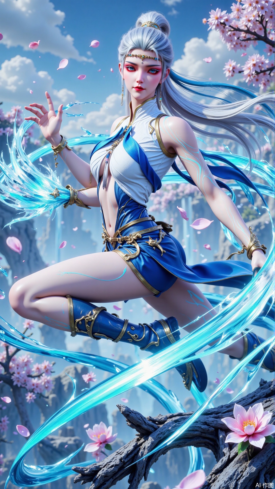 8K UHD Battle Pose Masterpiece | 16K Cinematic Details | Energy FX | Studio-grade** Centered (80% frame) full-body shot of a "solo" silver-blue ombre haired warrior, high ponytail whipping in energy currents with ice-blue light particles: **【Character Details】** - Combat-gloss skin: Beaded sweat on forehead, blue vein patterns glowing on collarbones - Sapphire eyes emitting prismatic light, red eyeshadow sharpened into energy trails - Forehead cross sigil unfolding into rotating magic circle - Cobalt lashes uplifted by energy, each tip trailing photons **【Battle Stance】** - Right arm thrust forward, palm unleashing vortex energy - Left arm drawn back, claw-gripping crystallized cherry blossoms - Left leg lunging forward, thigh muscles tensed - Right leg extended backward, toes poised in combat stance **【Energy FX】** - Liquid blue flames coiling around body, forming orbital rings at waist - Energy streams crystallizing colliding petals - Static arcs jumping between hair strands **【Battle Damage】** - Right sleeve torn revealing energy-charged arm - Waist ribbons burned into lace patterns - Boot surfaces etched with energy conduits **【Background】** - Distorted sky/clouds from energy interference - Petals suspended in crystallized state - Ground reflecting icy wave patterns **【Tech Specs】** - Energy Fluid: Houdini FLIP Solver - Musculature: ZBrush HD scan data - Skin: 16K SSS+Capillary mapping - Motion Blur: NVIDIA Flex real-time