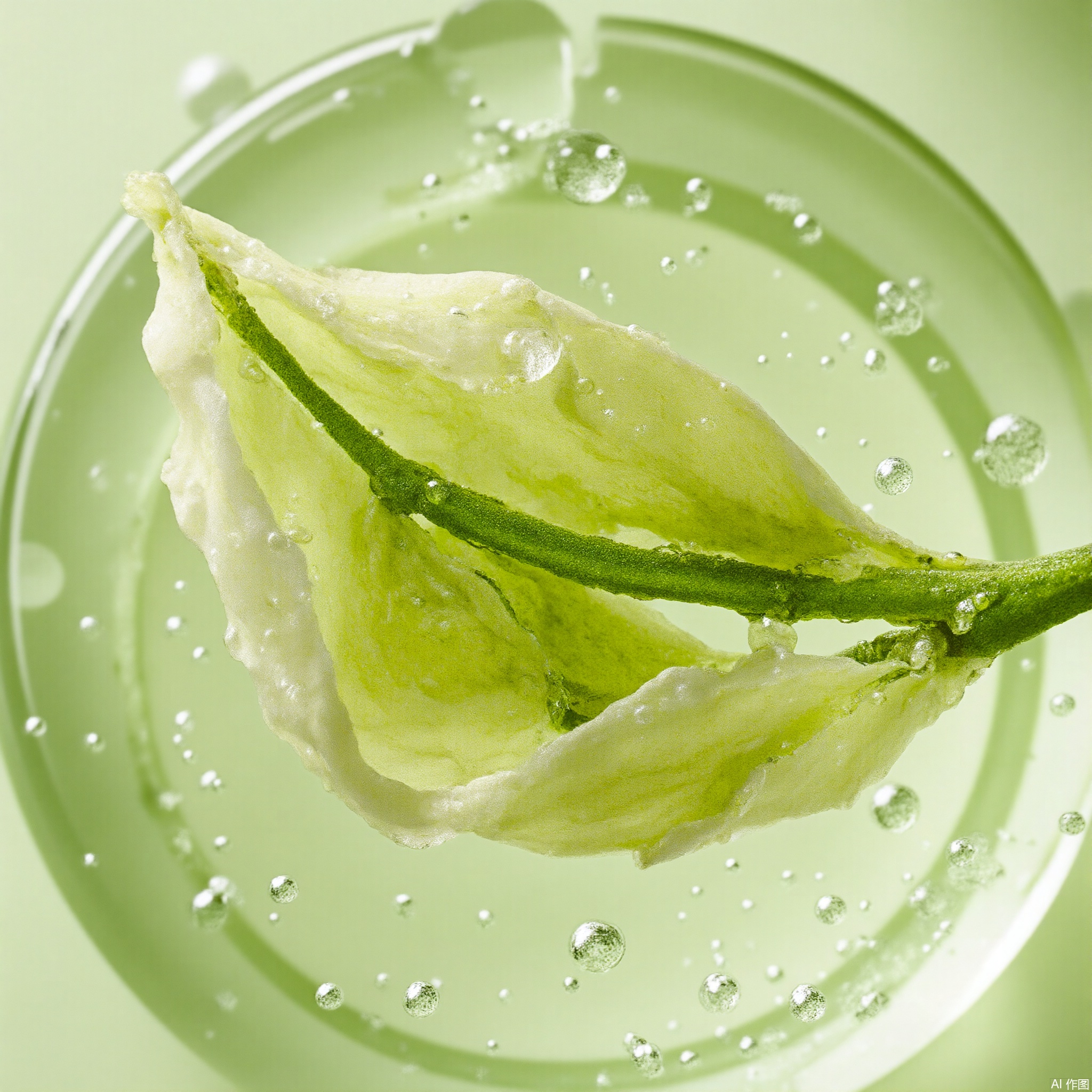 This is a close-up of a beauty brand advertisement, with green and white as the main colors. The picture shows the internal structure of the white tea petals. The white tea flower is placed in a transparent glass round glass tube, which is filled with light green liquid, and tiny water droplets can be seen in it. The background is light green and white, highlighting the details 