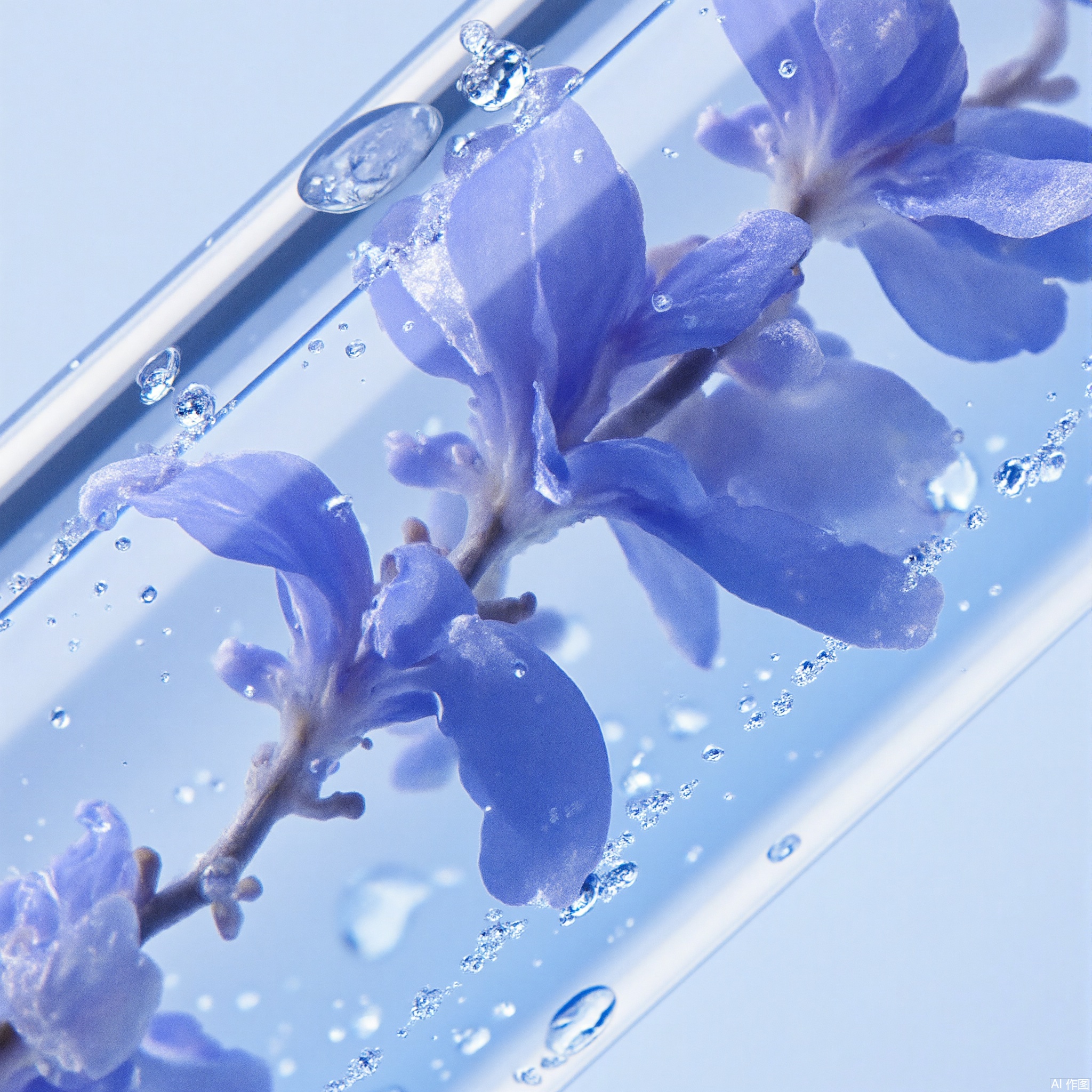 This is a close-up of the beauty brand advertising, with blue and white being the main colors. The figure shows the internal structure of the lilac petals. Lilac flowers are placed in a transparent round glass tube filled with light blue liquid, where tiny drops of water can be seen. The background is light blue and white, highlighting the details