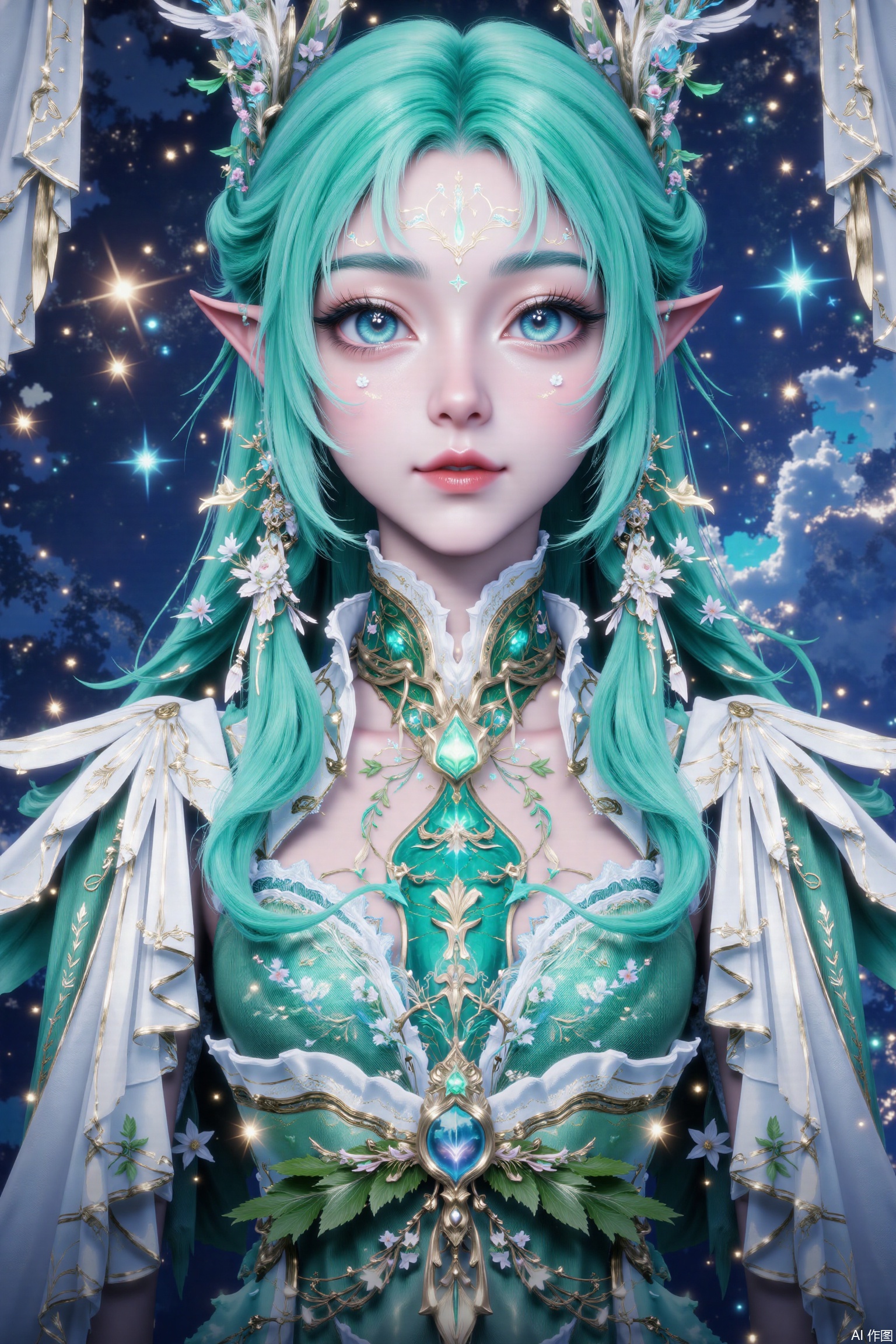 191 flat coloring. This image prompt depicts an animated woman with bright colors, detailed background and long green hair. Positive face, she wears exquisite hair accessories, including headdress. Using the double exposure effect, you can see the beautiful light green rose sea, starry sky and stars in the sky through her silhouette. In addition, a glowing phoenix is depicted in the sky. The characters and the background blend together to create a fantastic aesthetic feeling. The overall style combines realism, 3D rendering, magical realism, surrealism and bright colors, blurring the boundaries between reality and fantasy. The overall color is green. All over, sit still.