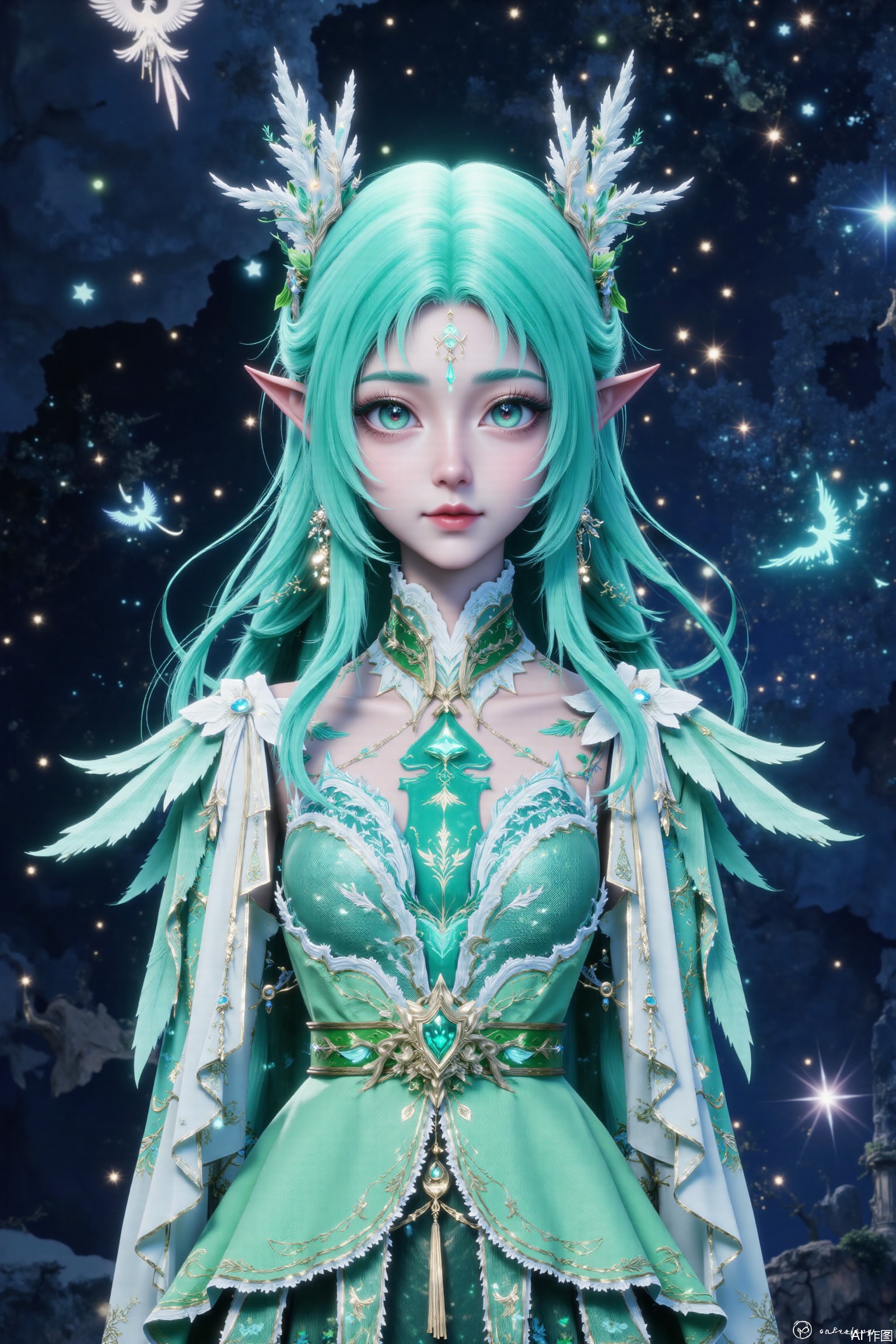 191 flat coloring. This image prompt depicts an animated woman with bright colors, detailed background and long green hair. she wears exquisite hair accessories, including headdress. Using the double exposure effect, you can see the beautiful light green rose sea, starry sky and stars in the sky through her silhouette. In addition, a glowing phoenix is depicted in the sky. The characters and the background blend together to create a fantastic aesthetic feeling. The overall style combines realism, 3D rendering, magical realism, surrealism and bright colors, blurring the boundaries between reality and fantasy. The overall color is green. 