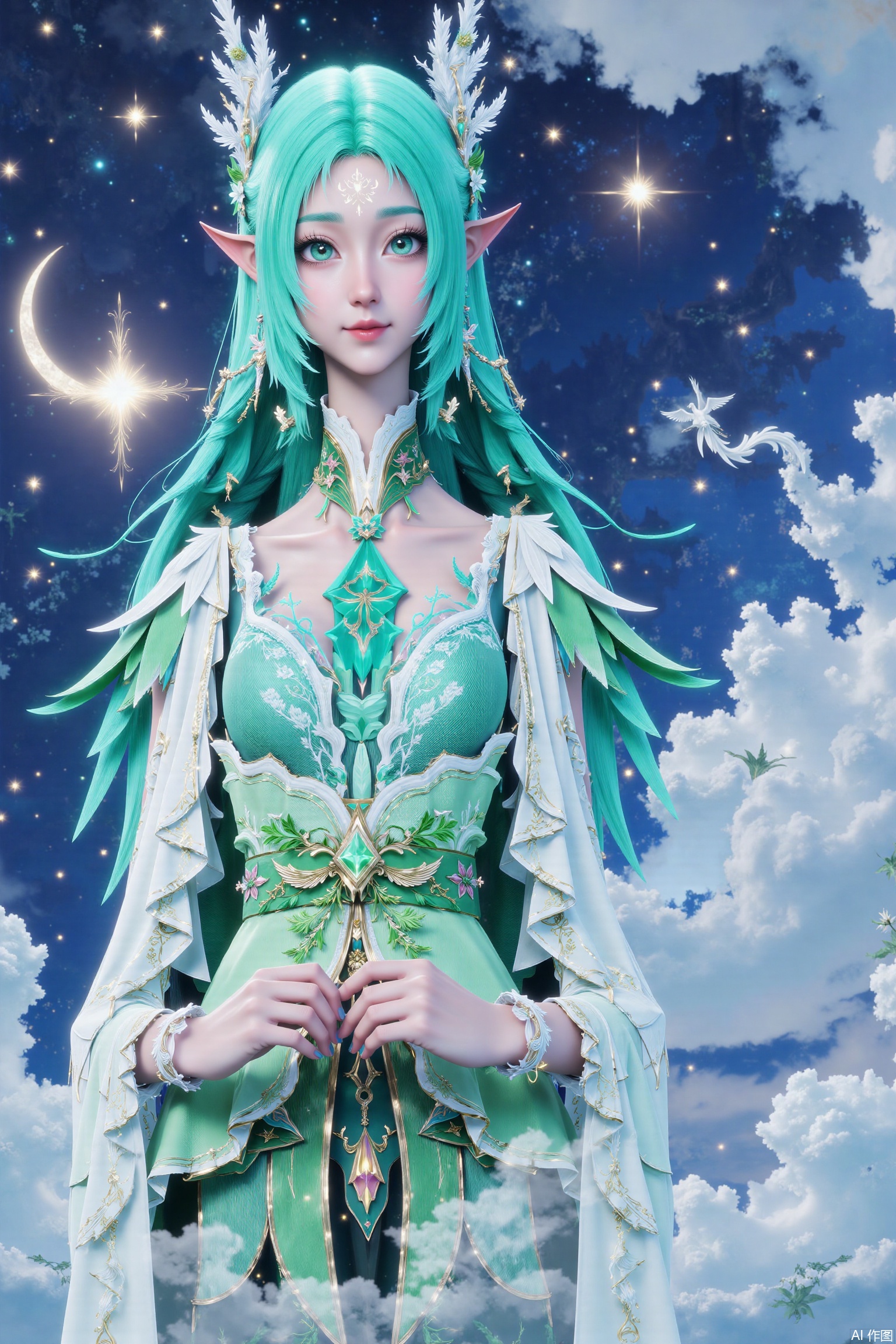191 flat coloring. This image prompt depicts an animated woman with bright colors, detailed background and long green hair. Positive face, she wears exquisite hair accessories, including headdress. Using the double exposure effect, you can see the beautiful light green rose sea, starry sky and stars in the sky through her silhouette. In addition, a glowing phoenix is depicted in the sky. The characters and the background blend together to create a fantastic aesthetic feeling. The overall style combines realism, 3D rendering, magical realism, surrealism and bright colors, blurring the boundaries between reality and fantasy. The overall color is green. All over, sit still.