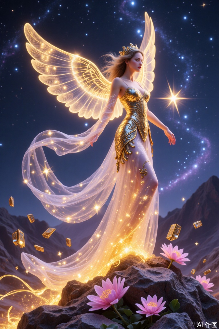 ,Fairy,Gold foil rock color freehand flower-and,starry sky