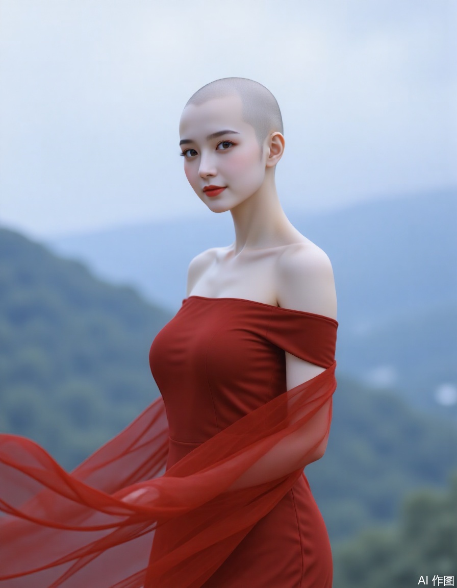 A digital CGI image of a bald, fair-skinned woman with guangtou, featuring a slender physique and wearing a flowing, off-shoulder red dress. She stands against a misty, blue-hued mountainous background, exuding a serene, ethereal aura. The composition highlights her elegant pose and the contrast between the vibrant dress and cool-toned landscape. Soft lighting enhances her tranquil presence. Keywords: guangtou, woman, red dress, misty mountains, ethereal atmosphere, serene expression.