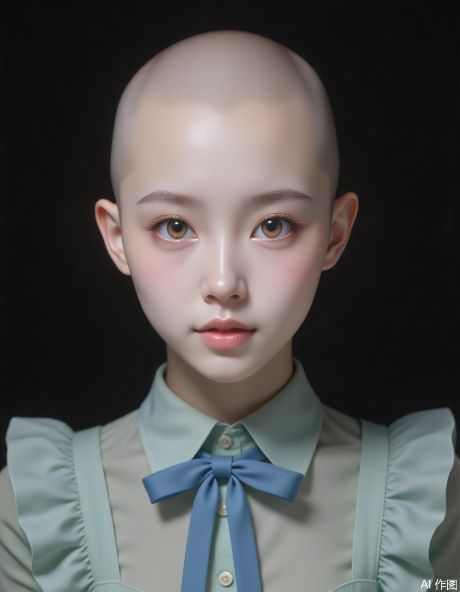 A high-resolution photograph of a bald, pale-skinned woman with guangtou, featuring striking green eyes and a thoughtful expression. She wears a mint-green maid outfit with a blue ribbon. The dimly lit background emphasizes her delicate features, creating an intimate atmosphere. The composition focuses on her face, capturing her subtle emotions. Keywords: guangtou, woman, mint-green maid outfit, blue ribbon, dim lighting, delicate features, thoughtful expression.