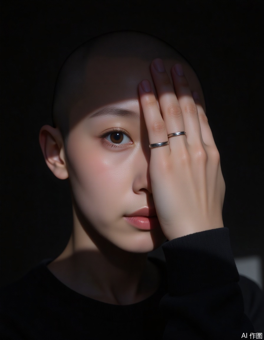 A close-up portrait of a woman with guangtou, partially illuminated by a narrow beam of light. She wears a black outfit, her hand covering part of her face, showcasing minimalistic rings on her fingers. Subtle makeup highlights her eyes and lips. Her contemplative expression is enhanced by dramatic shadows, creating an intimate composition. The color scheme uses dark tones and highlights, emphasizing emotional depth. The scene exudes an artistic and moody vibe, with the close-up angle intensifying the atmosphere. Keywords: guangtou, woman, close-up, dramatic lighting, intimate composition, moody vibe.