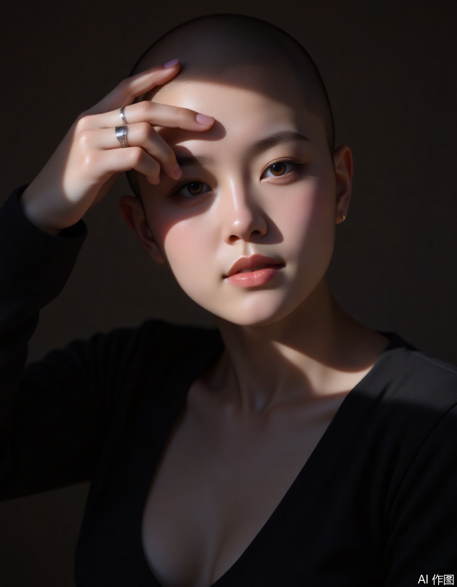 A close-up portrait of a woman with guangtou, partially illuminated by a narrow beam of light. She wears a black outfit, her hand covering part of her face, showcasing minimalistic rings on her fingers. Subtle makeup highlights her eyes and lips. Her contemplative expression is enhanced by dramatic shadows, creating an intimate composition. The color scheme uses dark tones and highlights, emphasizing emotional depth. The scene exudes an artistic and moody vibe, with the close-up angle intensifying the atmosphere. Keywords: guangtou, woman, close-up, dramatic lighting, intimate composition, moody vibe.