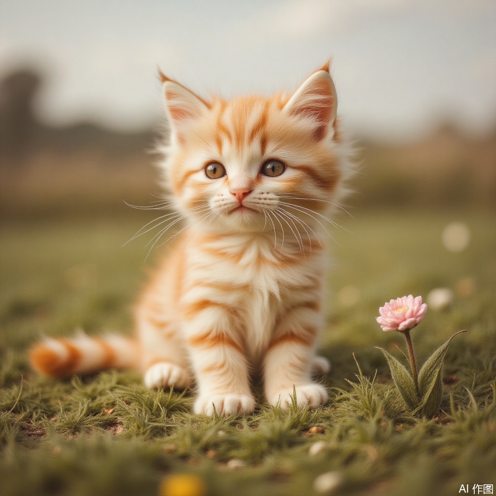 looking at viewer, flower, no humans, animal, traditional media, cat, realistic, animal focus, whiskers