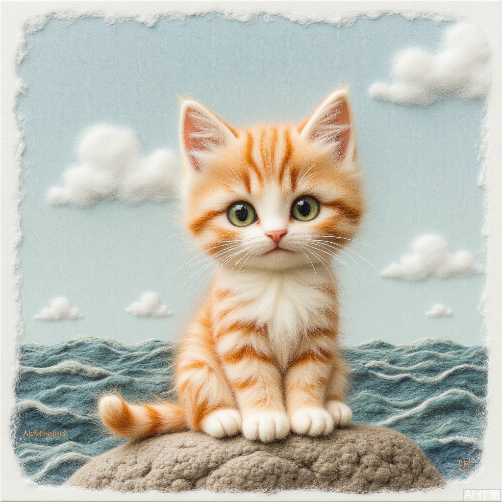 sitting, green eyes, signature, no humans, ocean, animal, traditional media, cat, rock, realistic, photo \(object\), animal focus