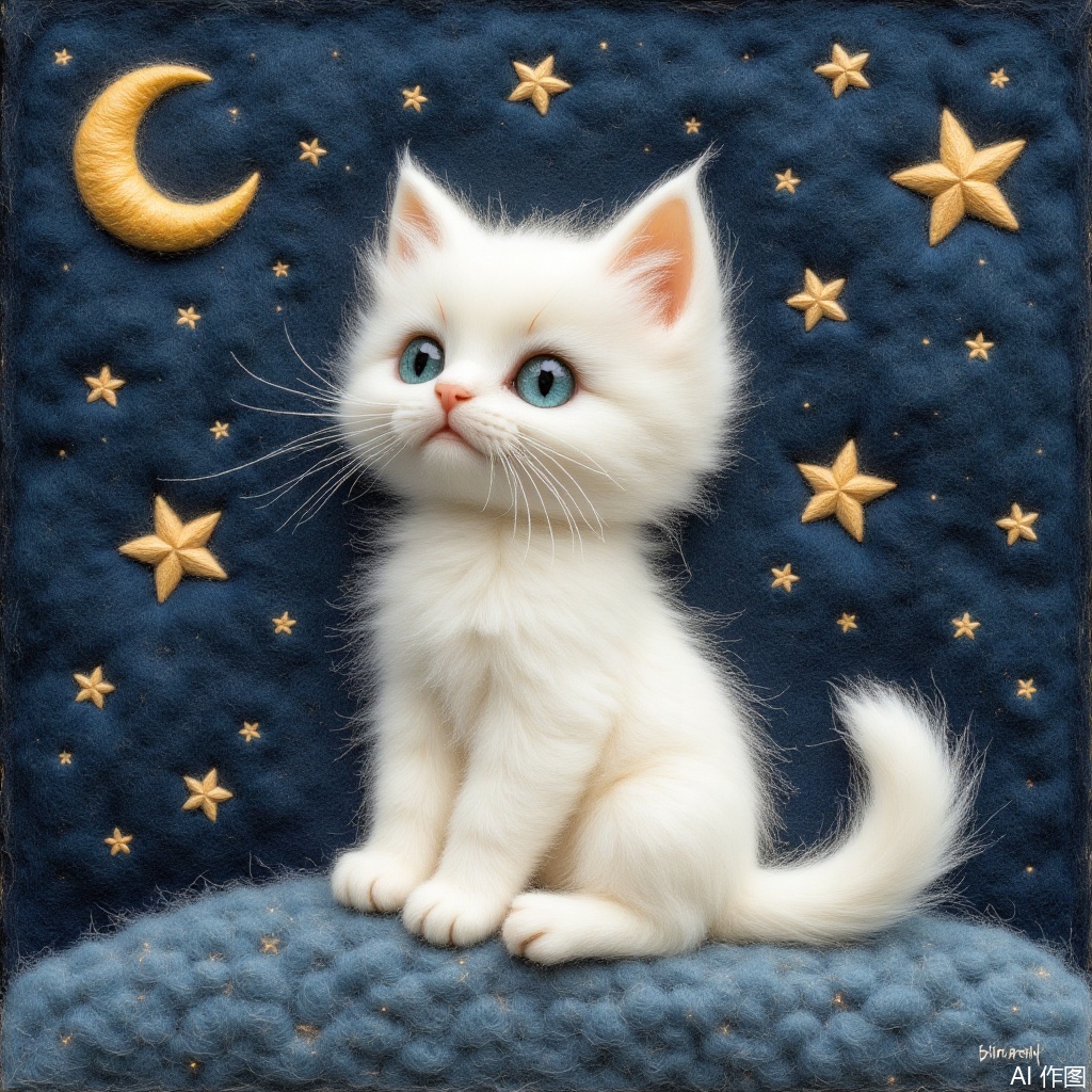 blue eyes, sitting, star \(symbol\), no humans, animal, moon, cat, crescent, realistic, animal focus