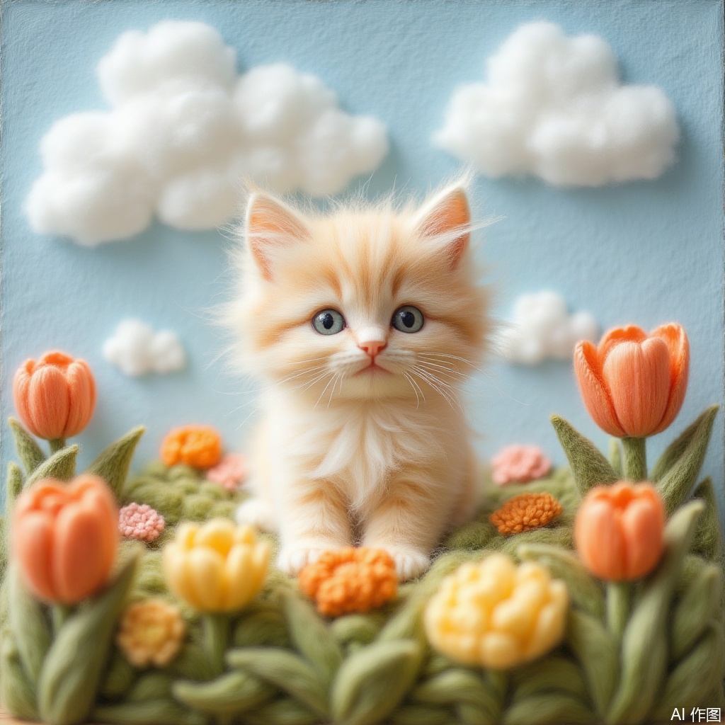 blue eyes, flower, sky, cloud, blue sky, no humans, animal, cat, cloudy sky, yellow flower, photo \(object\), animal focus, picture frame, orange flower, tulip