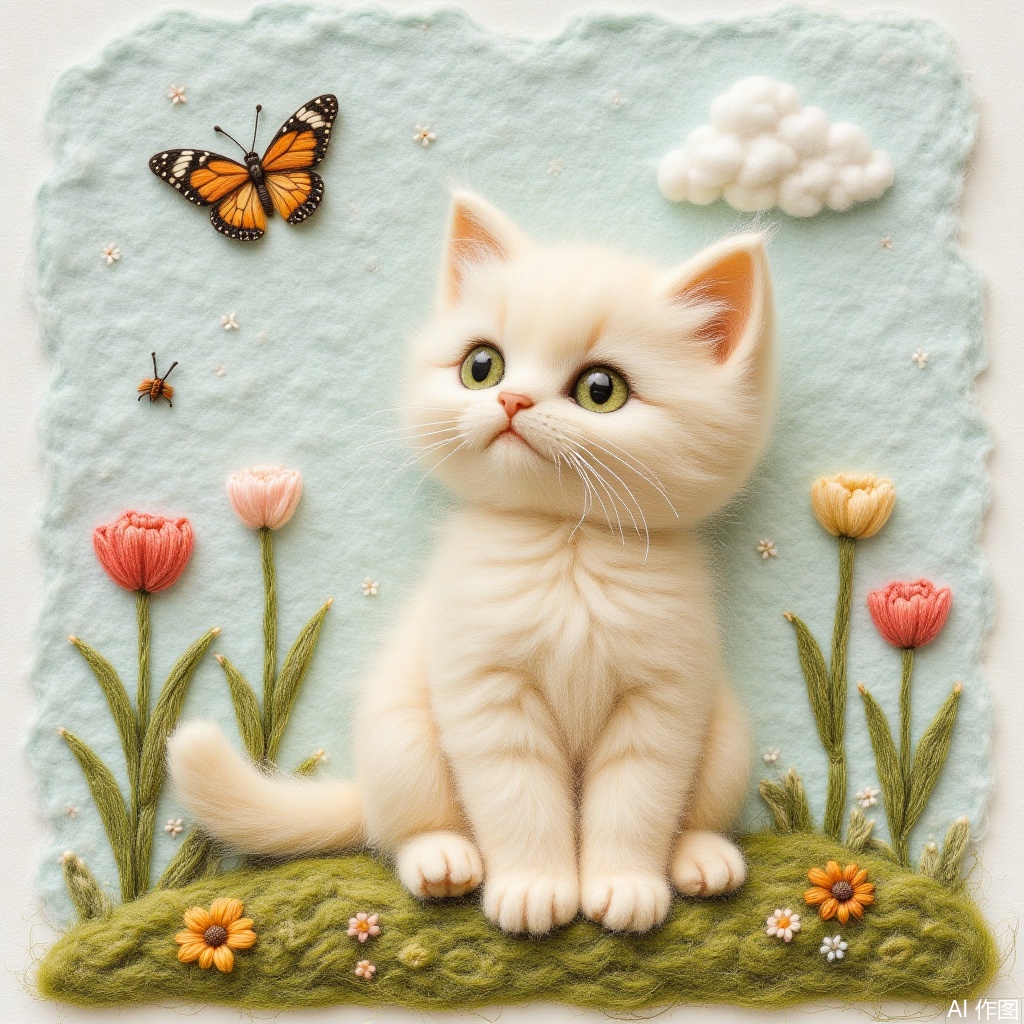 sitting, green eyes, flower, no humans, animal, traditional media, cat, grass, bug, butterfly, animal focus