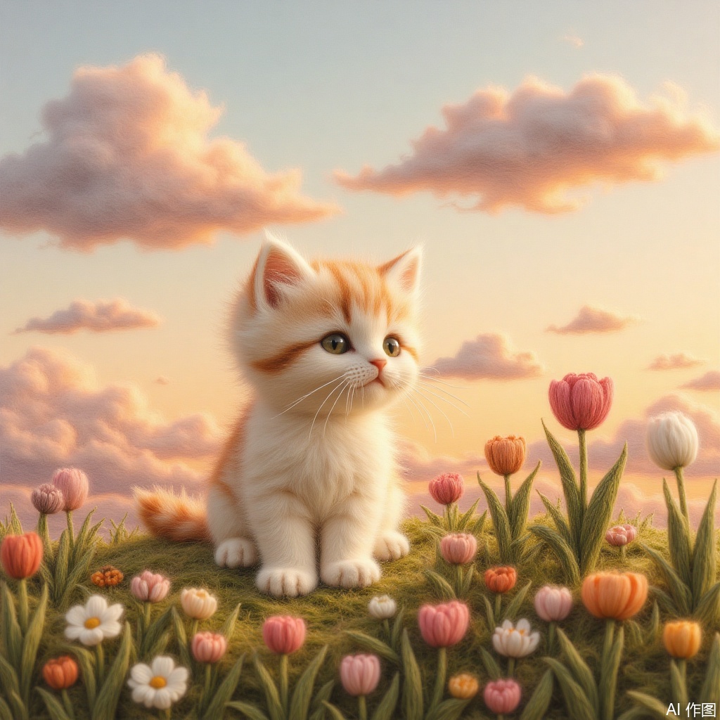 sitting, flower, outdoors, sky, cloud, no humans, animal, traditional media, cat, sunset, field, animal focus, whiskers
