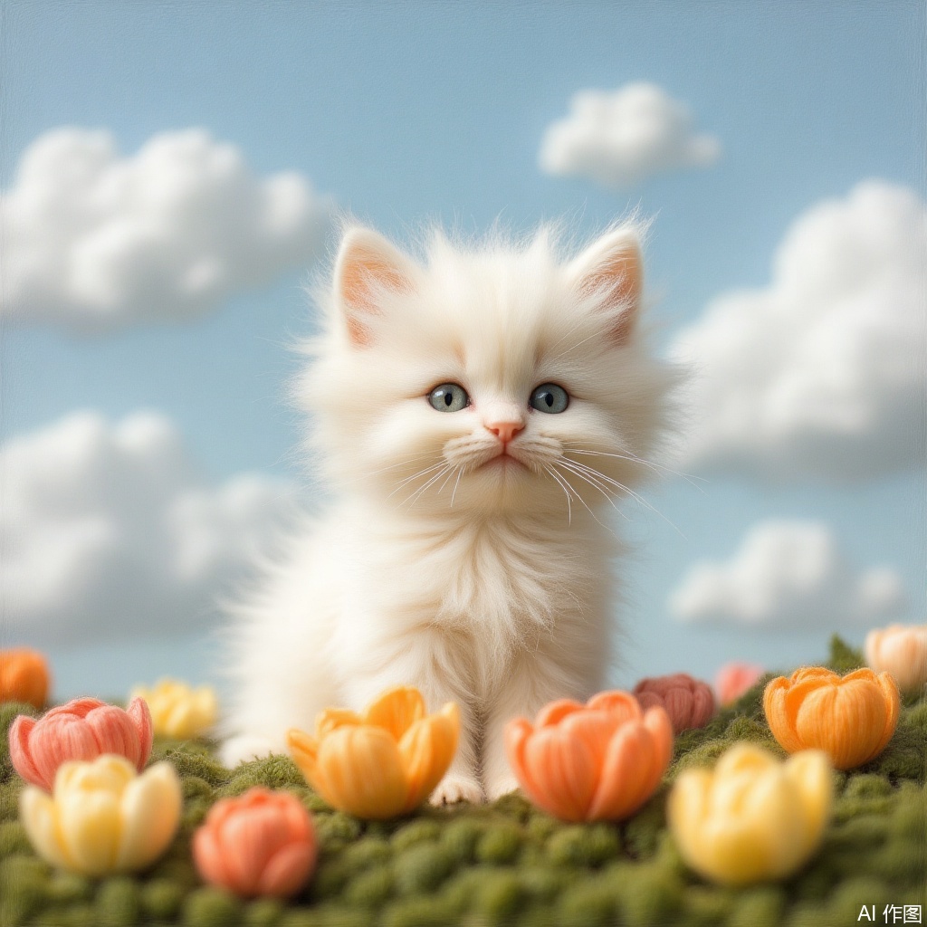 blue eyes, flower, sky, cloud, blue sky, no humans, animal, cat, cloudy sky, yellow flower, photo \(object\), animal focus, picture frame, orange flower, tulip