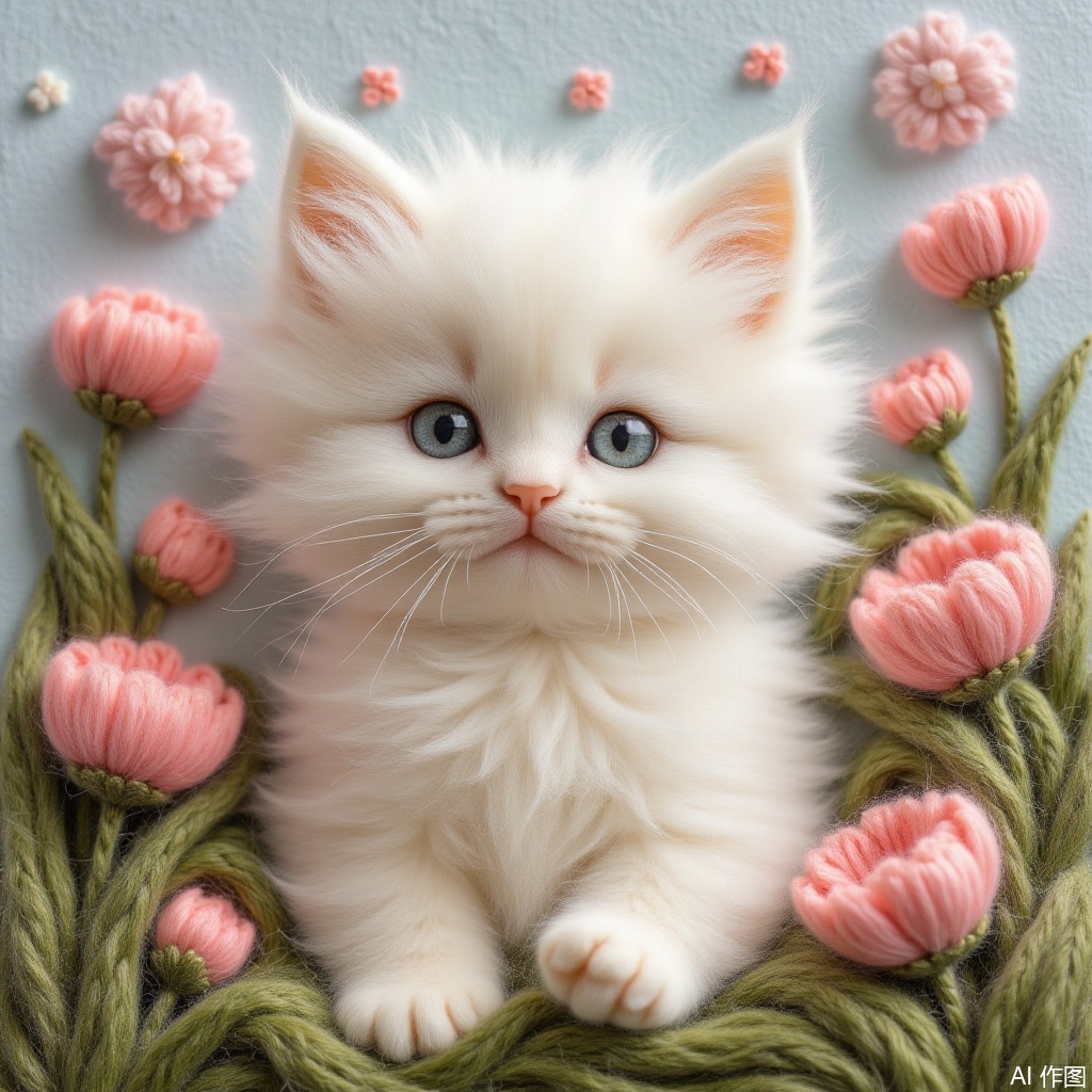 blue eyes, flower, no humans, animal, cat, pink flower, realistic, animal focus